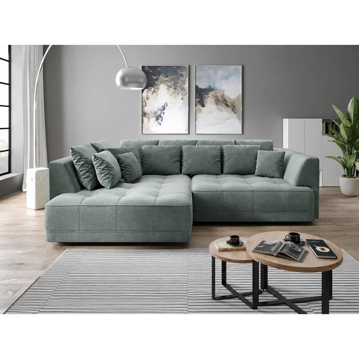 Coltar de living TIGA, sezlong stanga, stofa catifelata verde menta - Salvador 12, cu reglaj electric, 286x207x77 cm