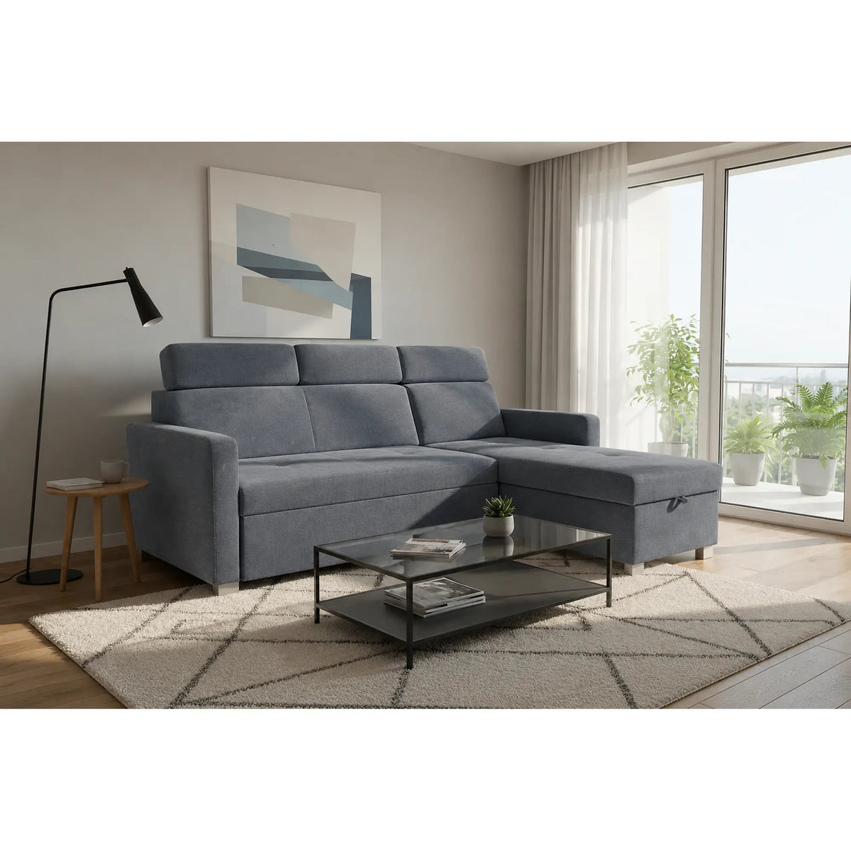 Coltar extensibil BRICO, universal, stofa catifelata gri - Element 23, cu lada depozitare, 204x168x99 cm
