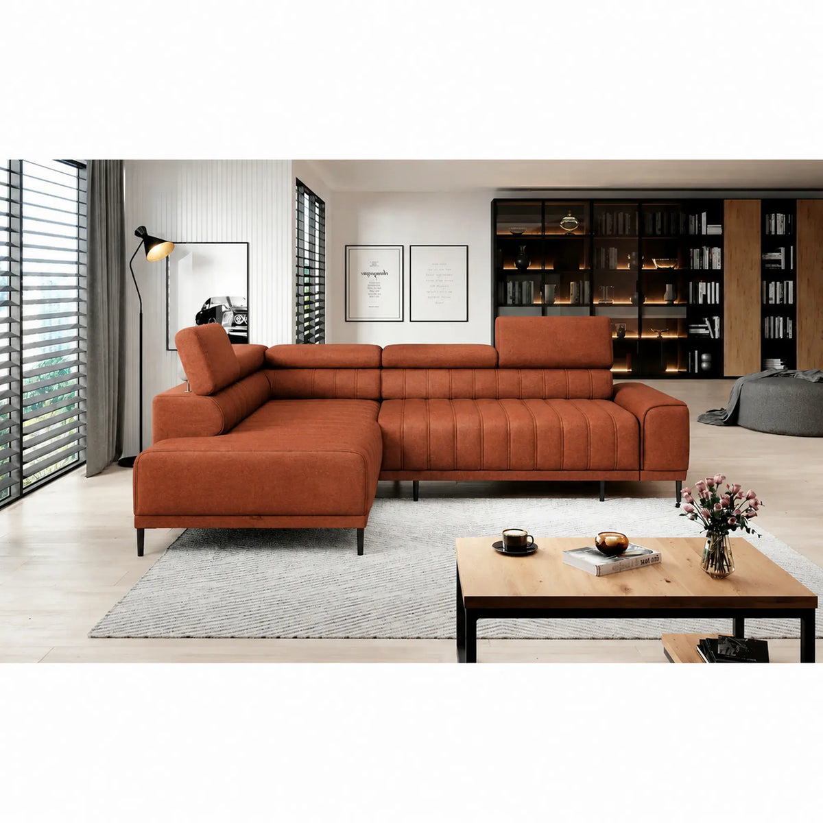 Coltar extensibil CALDO L, sezlong stanga, stofa catifelata caramizie - Salvador 07, cu lada depozitare si tetiere reglabile, 268x200x99 cm