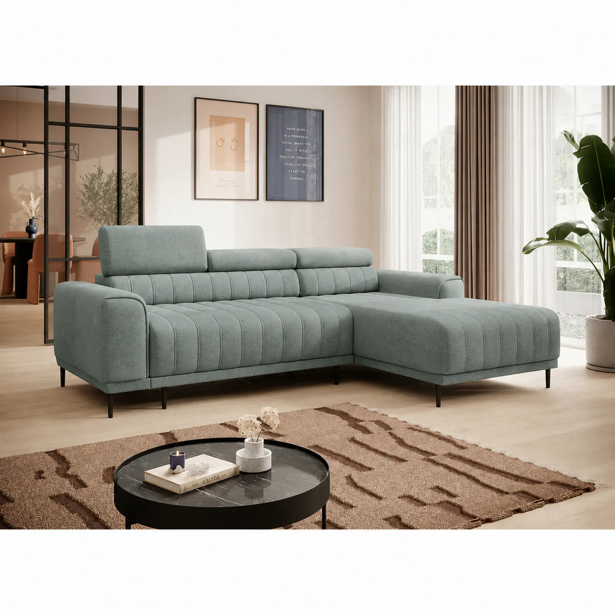 Coltar extensibil CALDO MINI, sezlong dreapta, stofa catifelata verde menta - Salvador 12, cu lada depozitare si tetiere reglabile, 272x178x99 cm