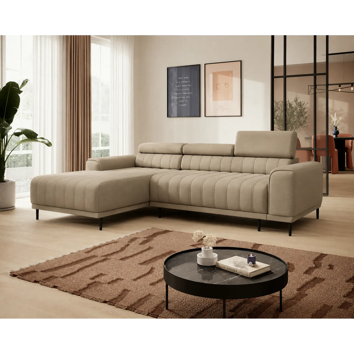 Coltar extensibil CALDO MINI, sezlong stanga, stofa catifelata bej - Riviera 16, cu lada depozitare si tetiere reglabile, 272x178x99 cm