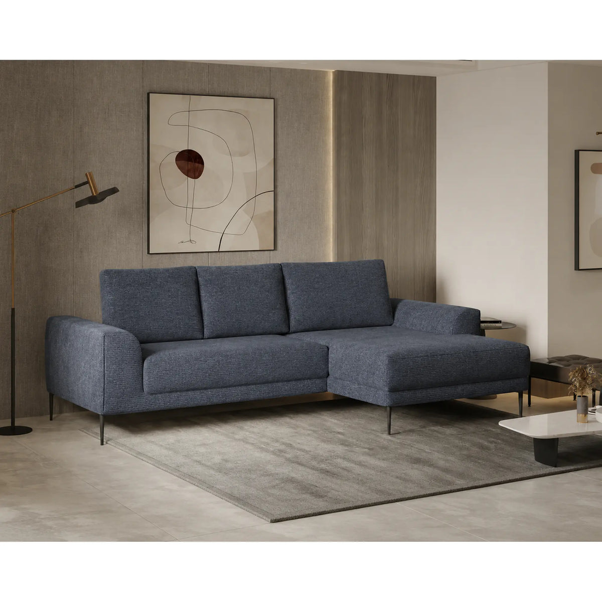 Coltar extensibil CAPITOL, sezlong dreapta, stofa catifelata gri inchis - Whisper 15, cu lada depozitare, 276x175x89 cm