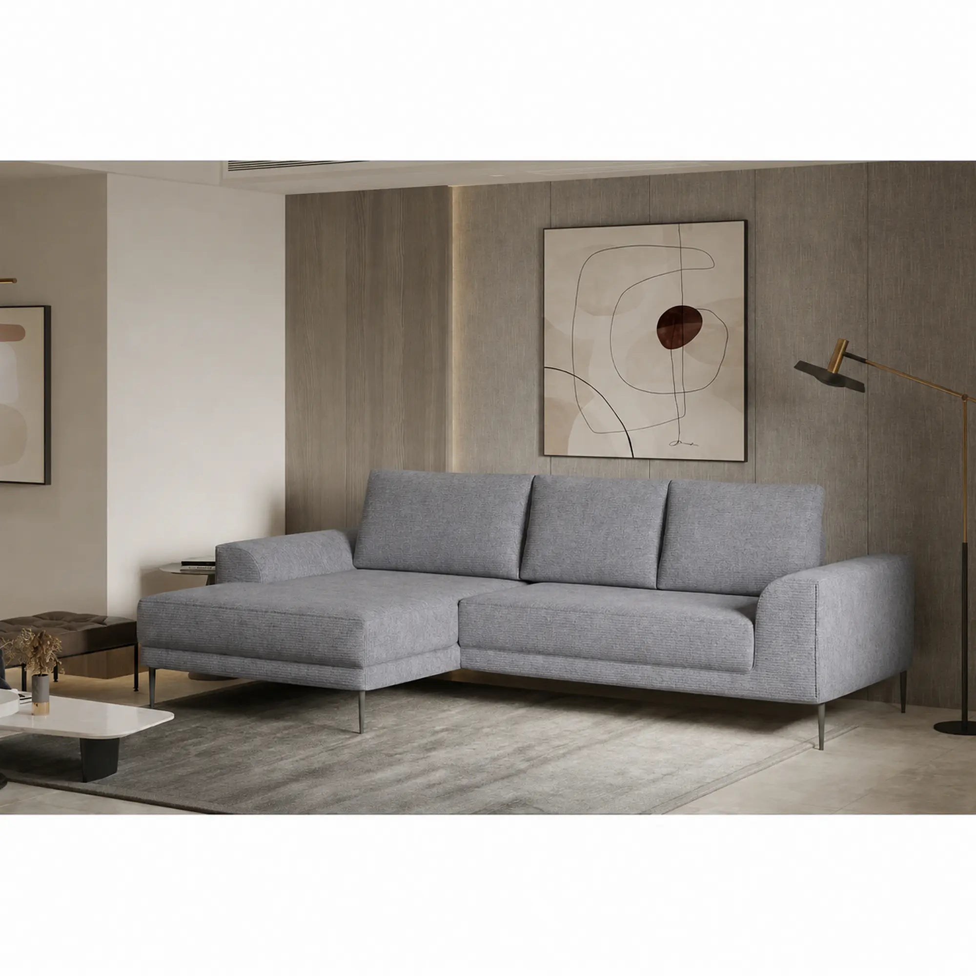 Coltar extensibil CAPITOL, sezlong stanga, stofa catifelata gri - Whisper 17, cu lada depozitare, 276x175x89 cm