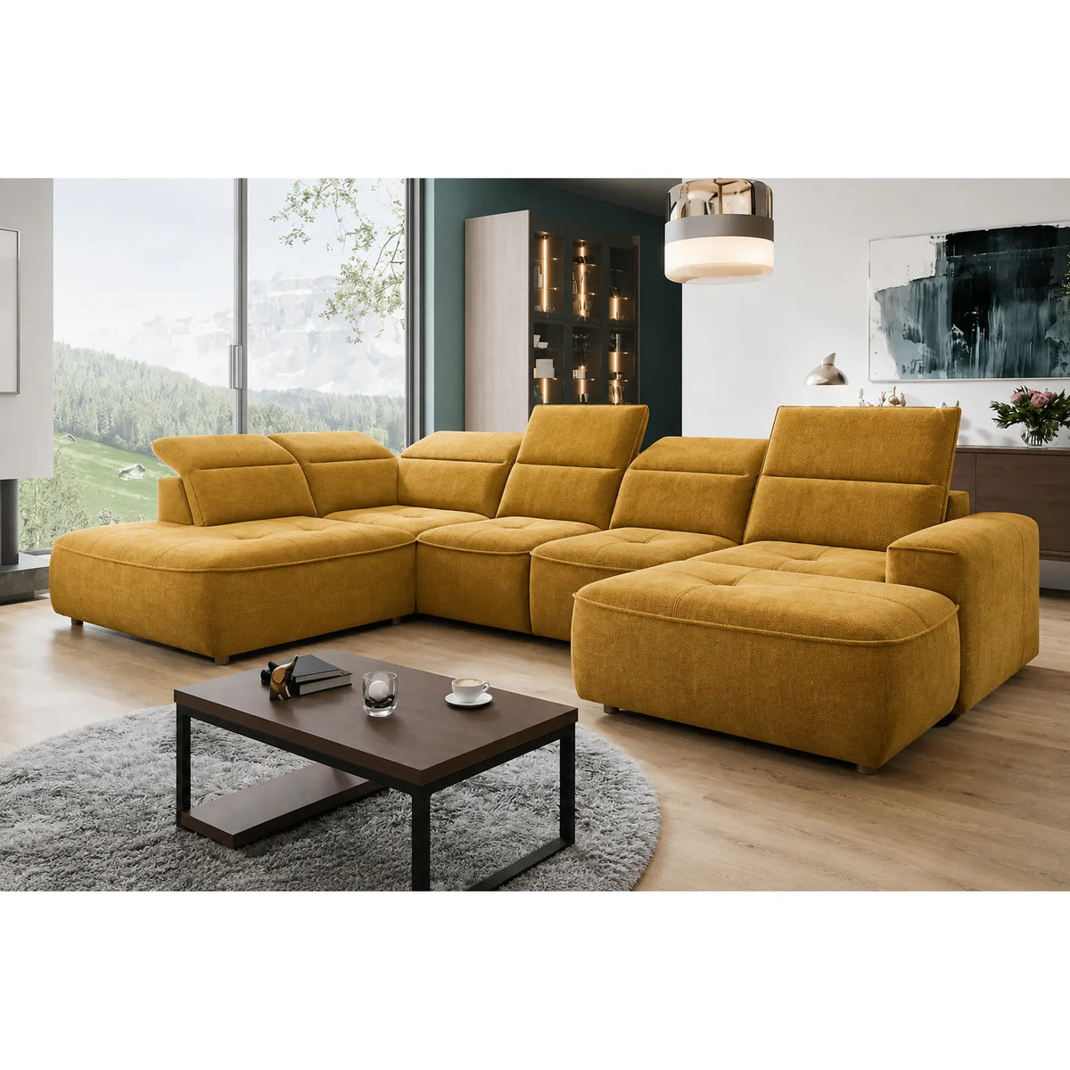 Coltar extensibil COLOMBO XL, sezlong stanga, stofa clasica galben mustar - Austin 11, cu sistem electric de ajustare a adancimii, tetiere, spatar si sezut reglabile, lada depozitare, 376x227x103 cm