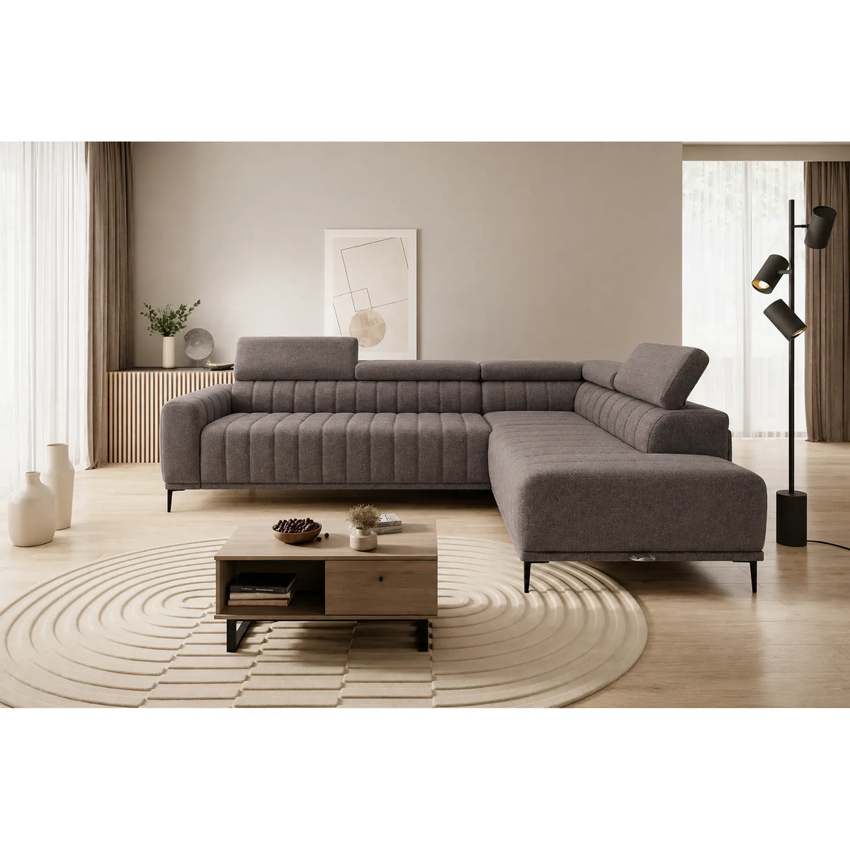 Coltar extensibil GANDI 160, sezlong dreapta, stofa catifelata gri deschis - Vogue 14, cu lada depozitare, 301x204x99 cm