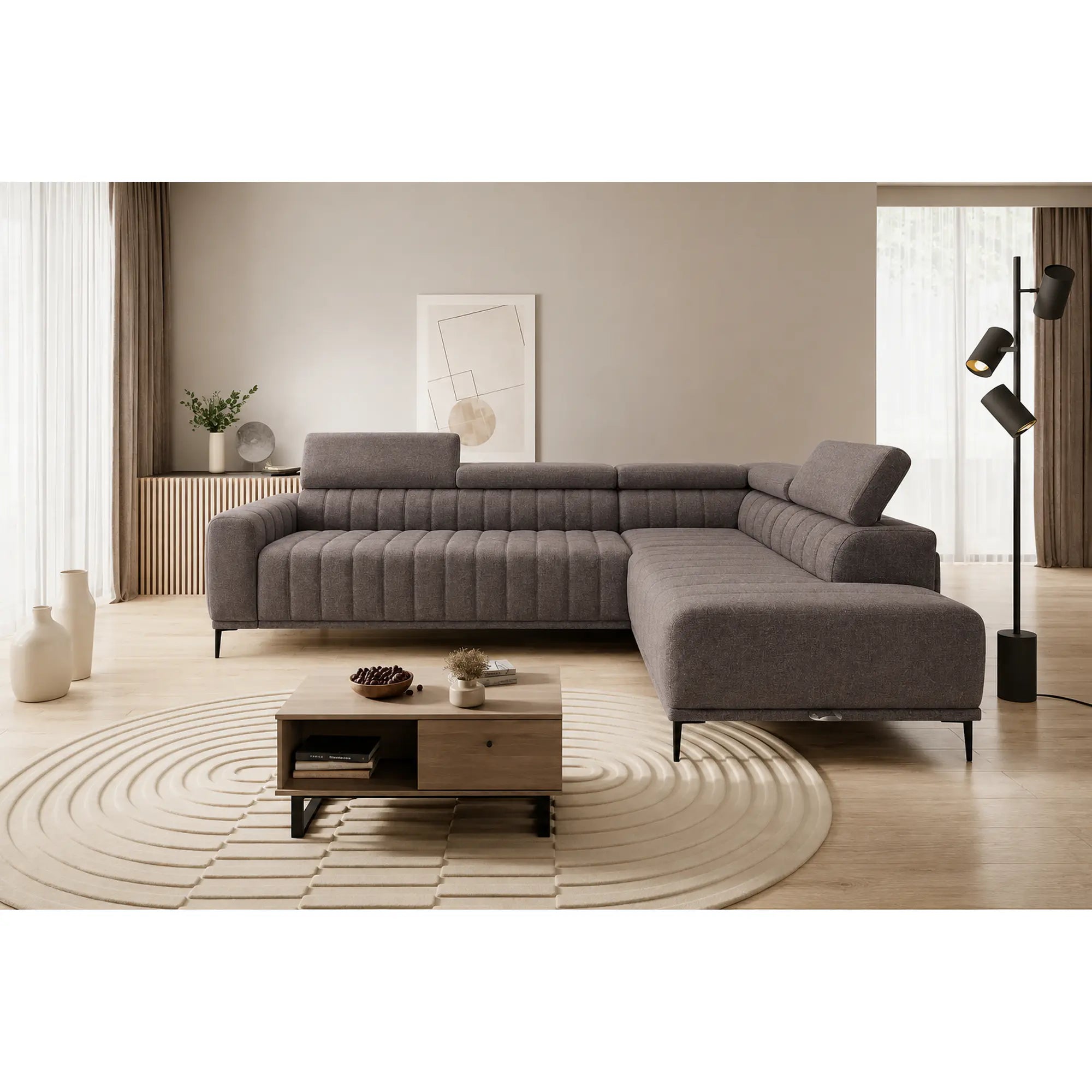 Coltar extensibil GANDI 160, sezlong dreapta, stofa catifelata gri deschis - Vogue 14, cu lada depozitare, 301x204x99 cm