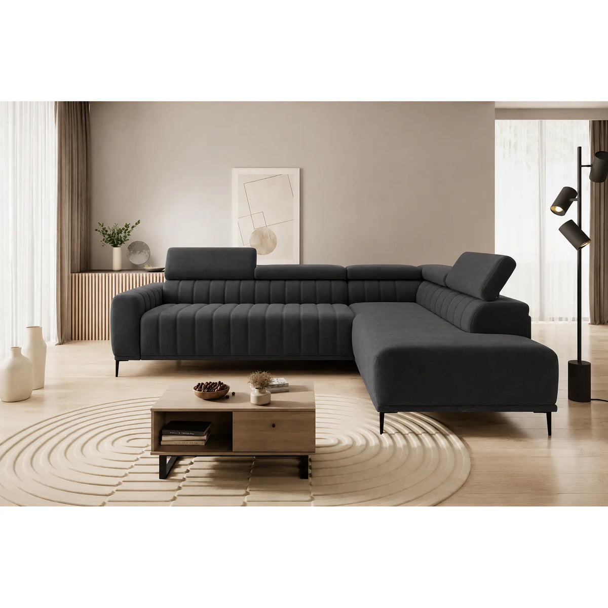 Coltar extensibil GANDI 160, sezlong dreapta, stofa catifelata gri grafit - Element 22, Gama Premium, cu lada depozitare, 301x204x99 cm