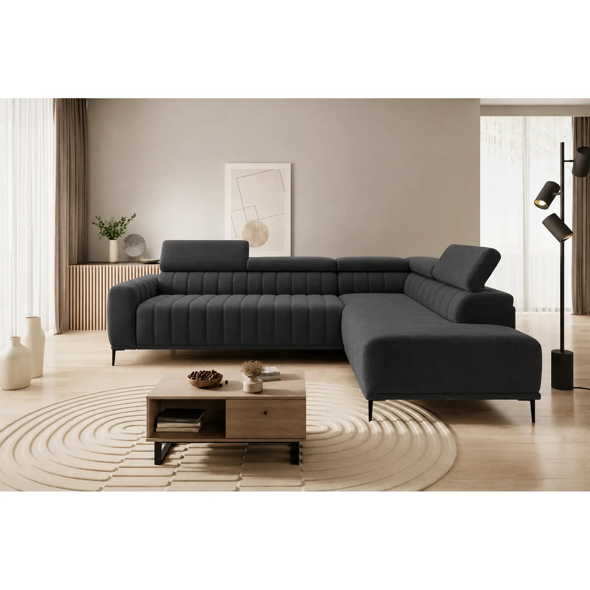 Coltar extensibil GANDI 160, sezlong dreapta, stofa catifelata gri grafit - Element 22, Gama Premium, cu lada depozitare, 301x204x99 cm