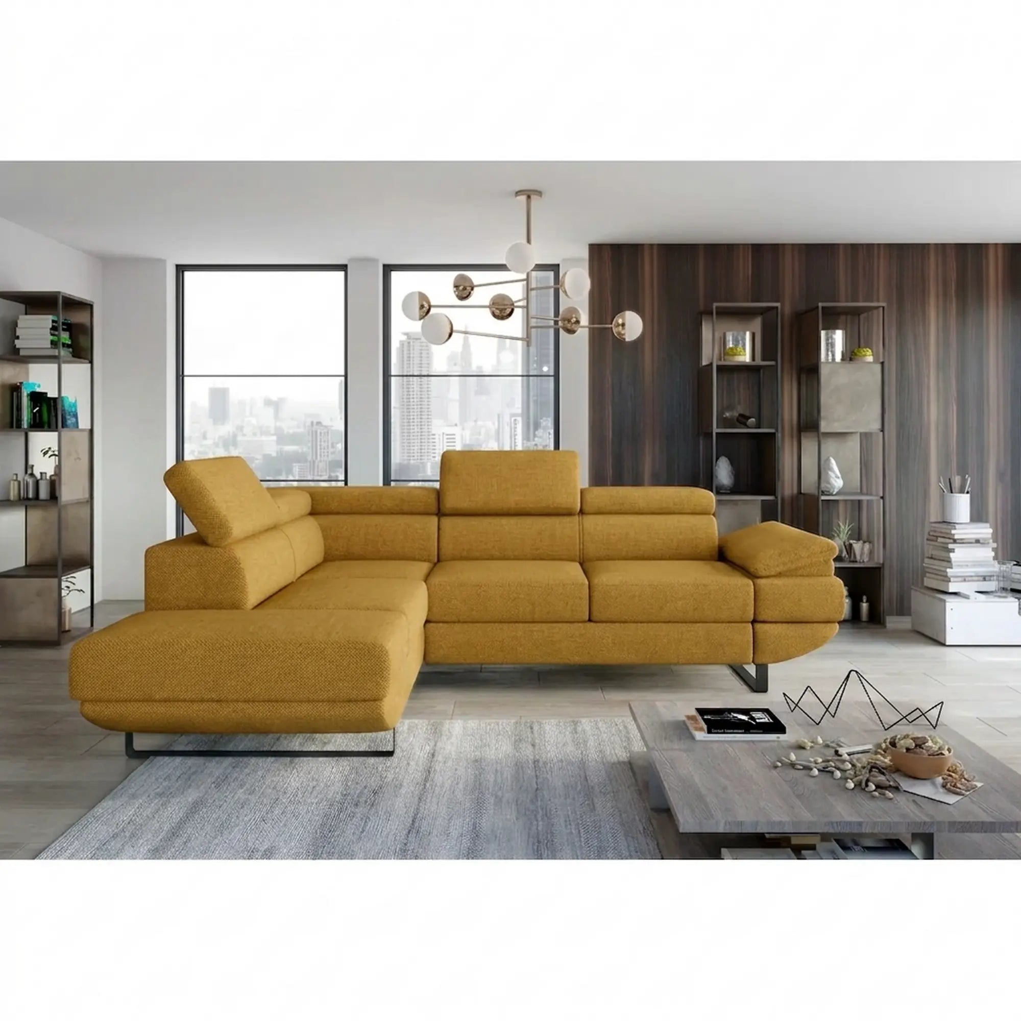 Coltar extensibil GIO, sezlong stanga, stofa clasica galben mustar - Austin 11, cu lada depozitare si tetiere reglabile, 262x200x88 cm