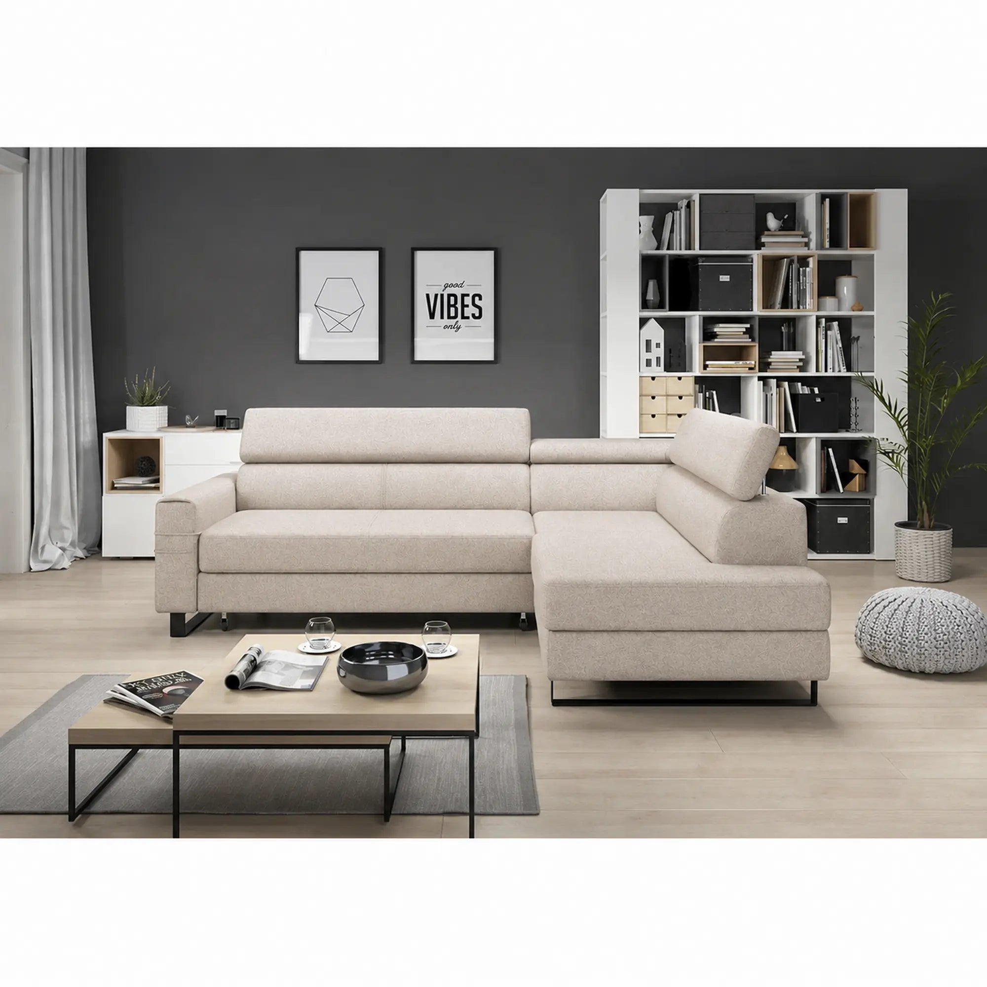 Coltar extensibil LIVIO, sezlong dreapta, stofa catifelata bej - Palladium 2, cu lada depozitare si tetiere reglabile, 249x184x90 cm