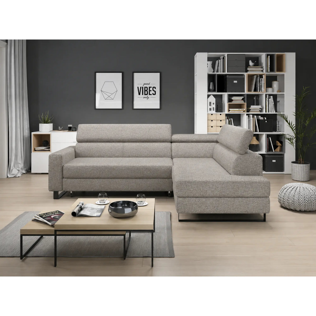 Coltar extensibil LIVIO, sezlong dreapta, stofa catifelata gri - Element 4, cu lada depozitare si tetiere reglabile, 249x184x90 cm