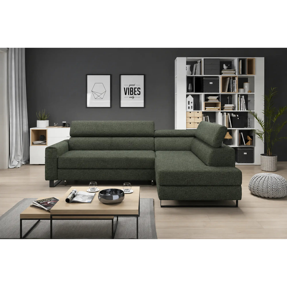 Coltar extensibil LIVIO, sezlong dreapta, stofa catifelata verde inchis - Vogue 11, cu lada depozitare si tetiere reglabile, 249x184x90 cm
