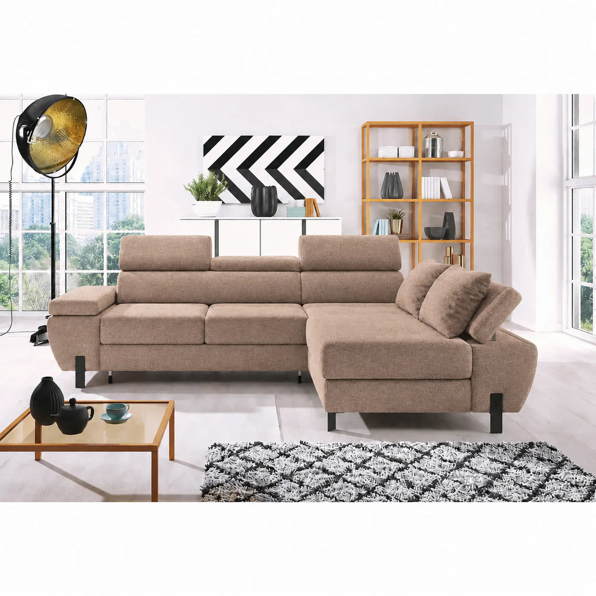 Coltar extensibil MOLINA MINI, sezlong dreapta, stofa catifelata maro - Palladium 04, cu lada depozitare, 277x189x90 cm