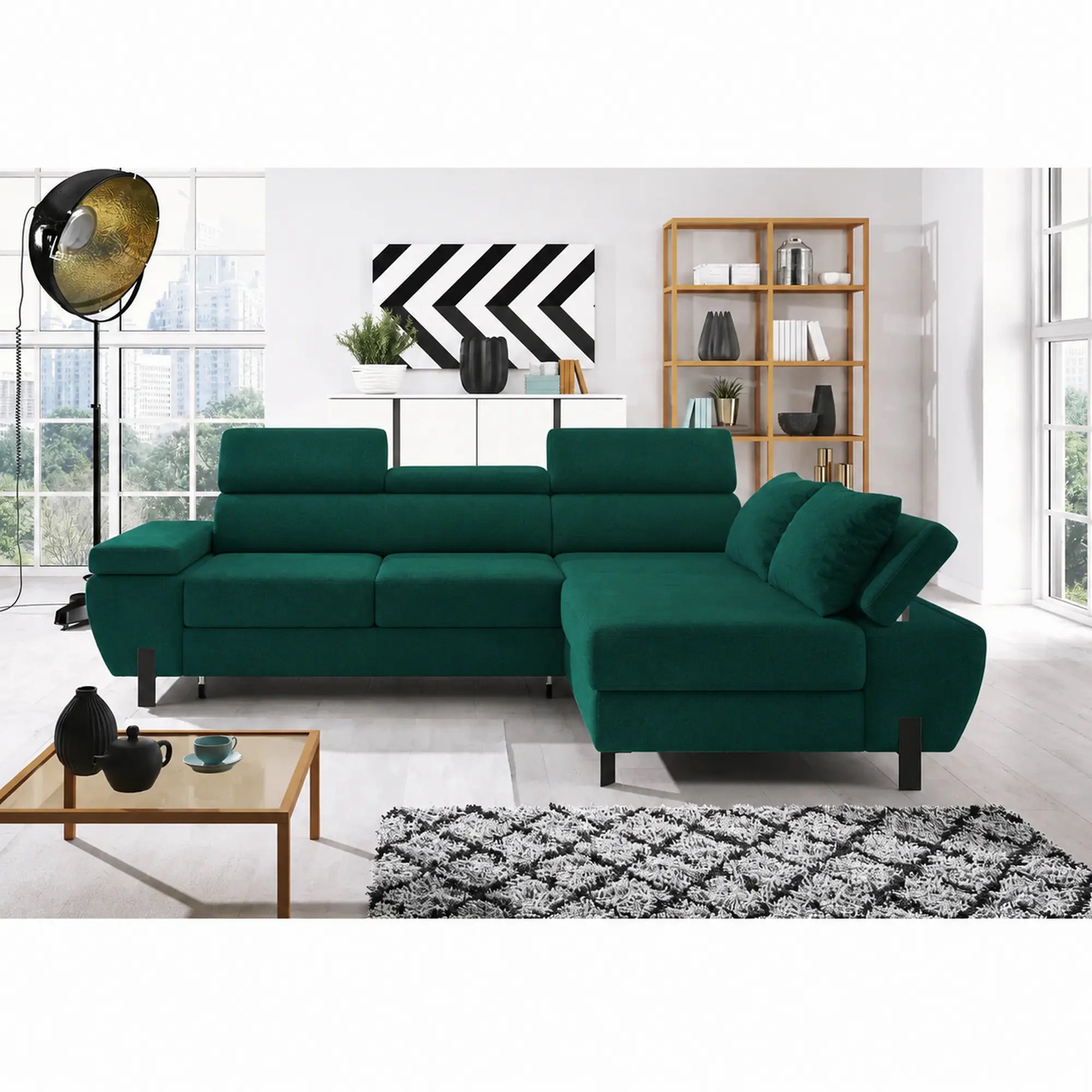 Coltar extensibil MOLINA MINI, sezlong dreapta, stofa catifelata verde - Element 20, cu lada depozitare, 277x189x90 cm