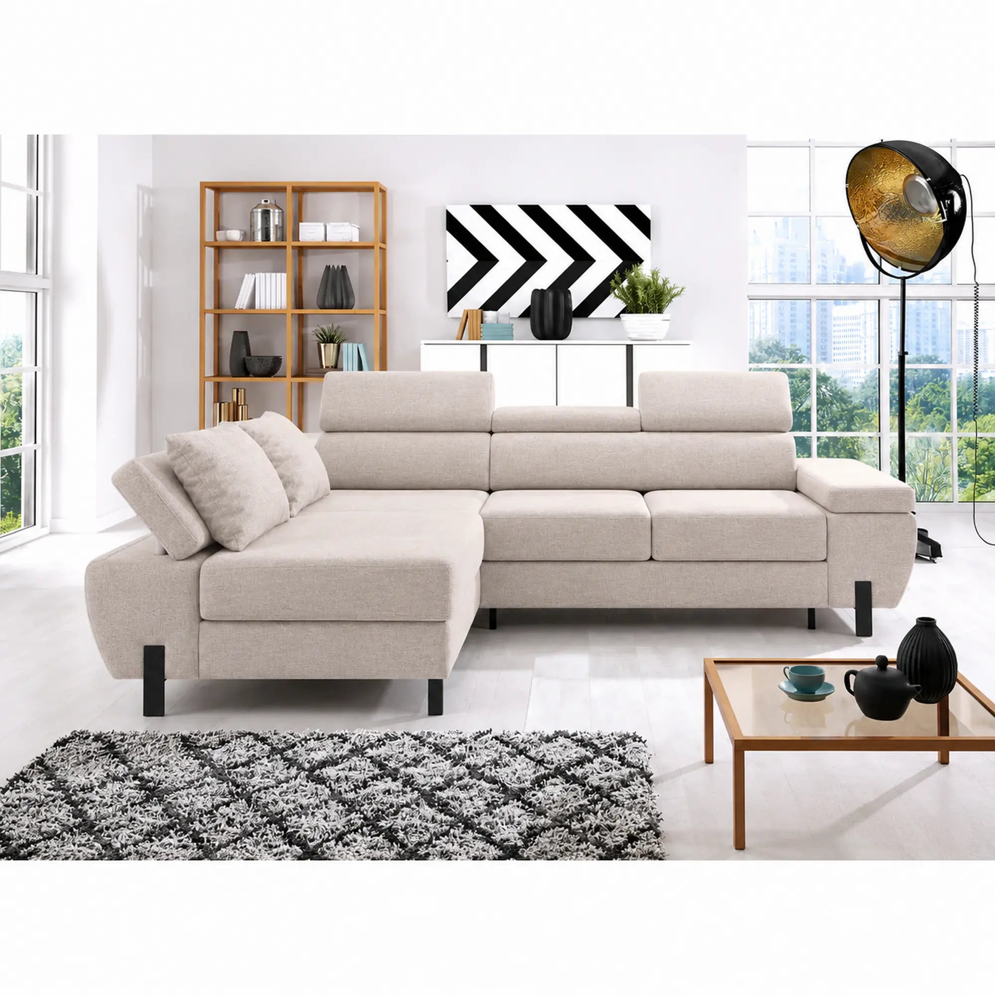 Coltar extensibil MOLINA MINI, sezlong stanga, stofa catifelata bej - Palladium 02, cu lada depozitare, 277x189x90 cm