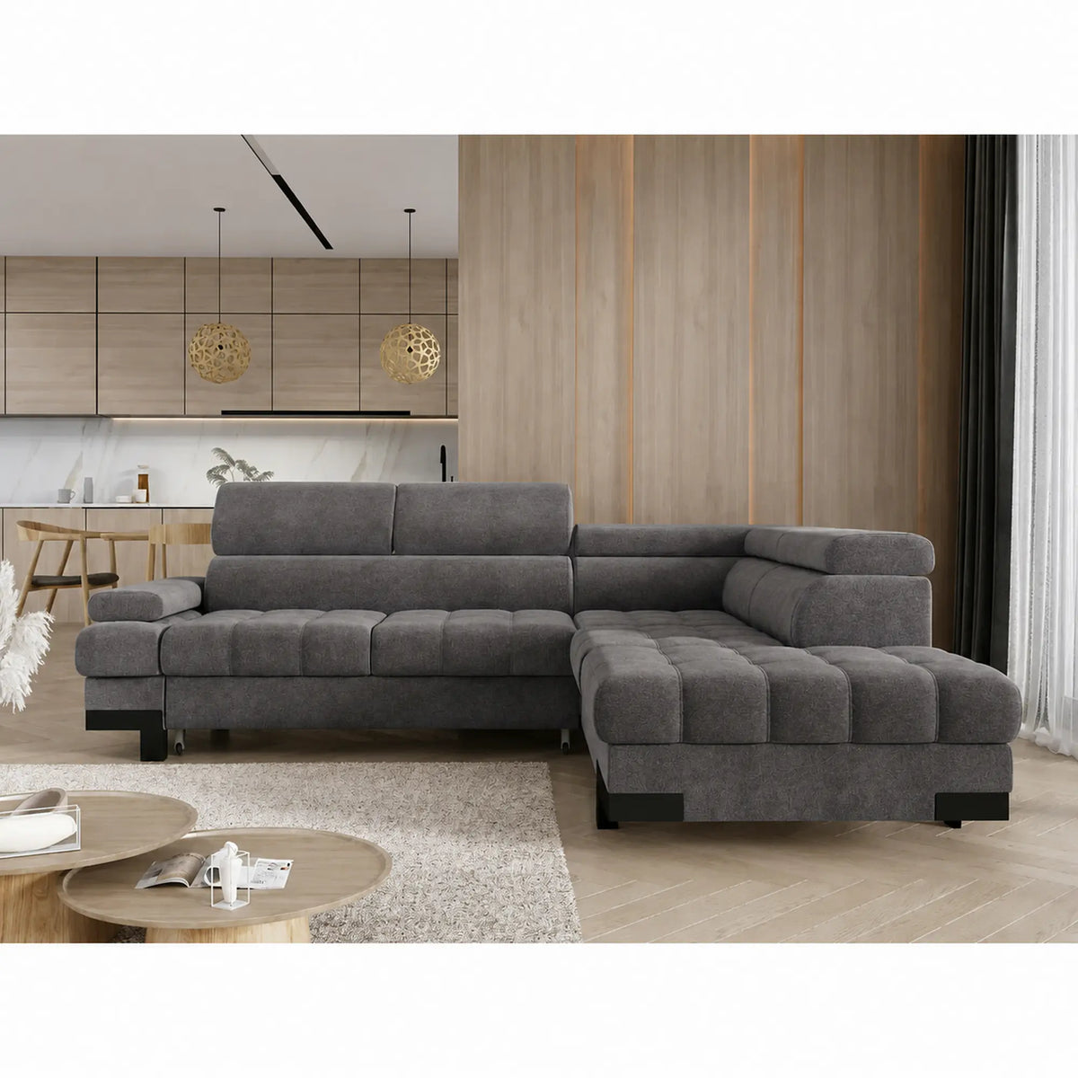Coltar extensibil SELVA L, sezlong dreapta, stofa catifelata gri antracit - Salvador 15, cu lada depozitare si tetiere reglabile, 263x223x95 cm