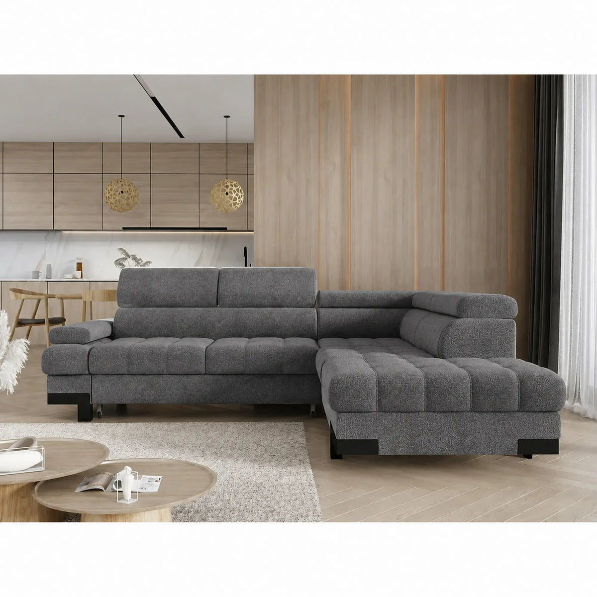Coltar extensibil SELVA L, sezlong dreapta, stofa clasica gri - Austin 19, cu lada depozitare, 263x223x95 cm
