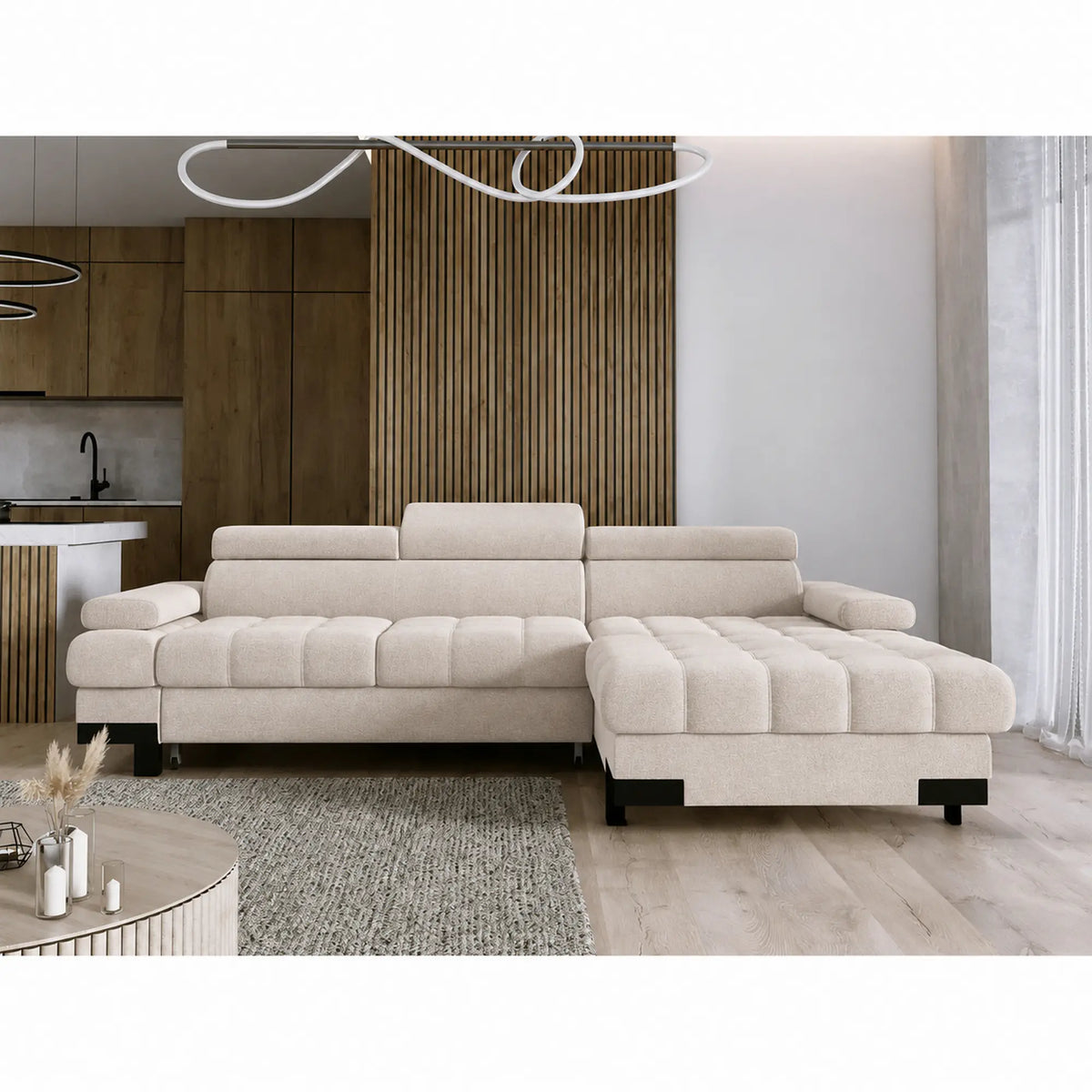 Coltar extensibil SELVA MINI, sezlong dreapta, stofa catifelata bej - Palladium 02, cu lada depozitare si tetiere reglabile, 270x173x95 cm