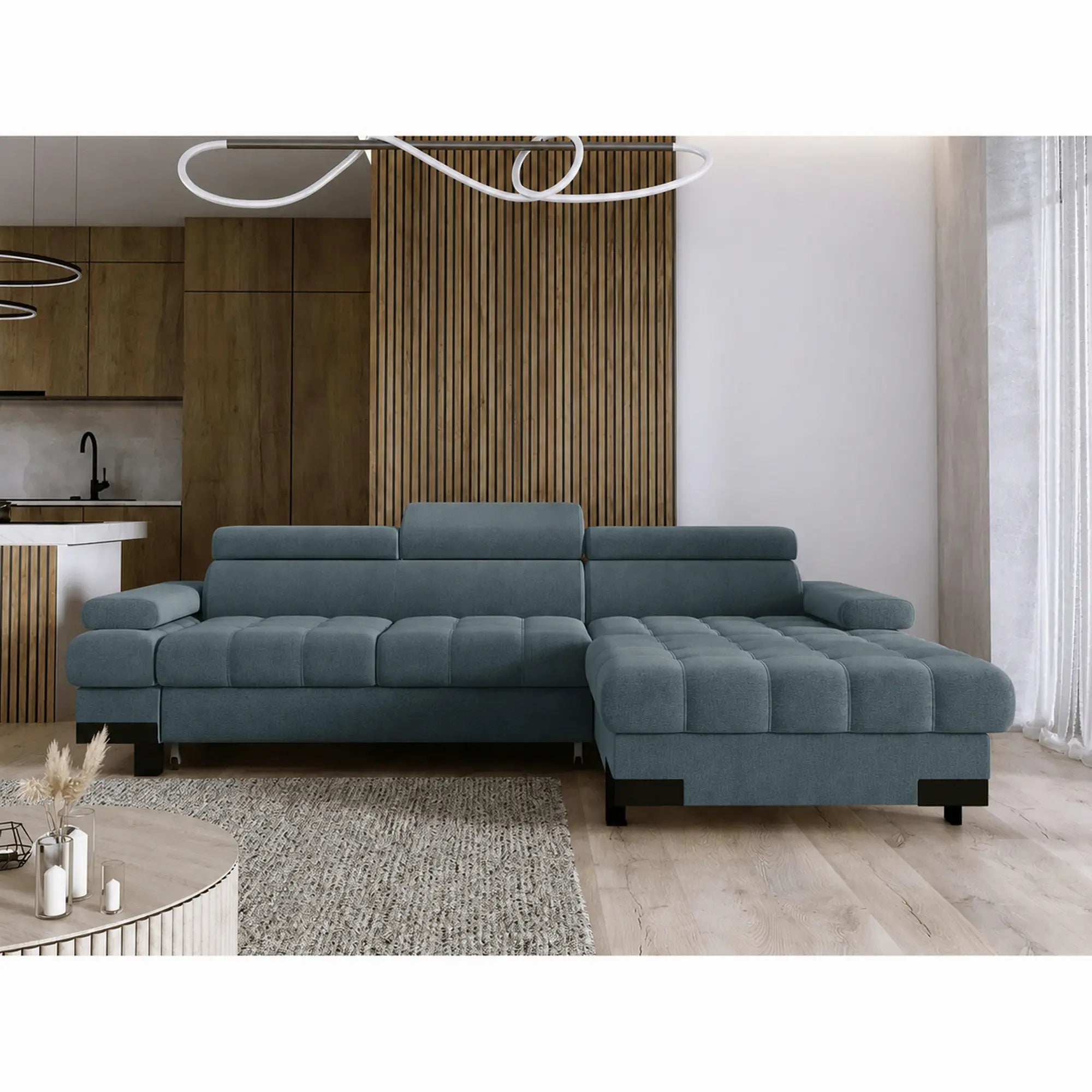 Coltar extensibil SELVA MINI, sezlong dreapta, stofa catifelata turcoaz inchis - Riviera 87, cu lada depozitare si tetiere reglabile, 270x173x95 cm