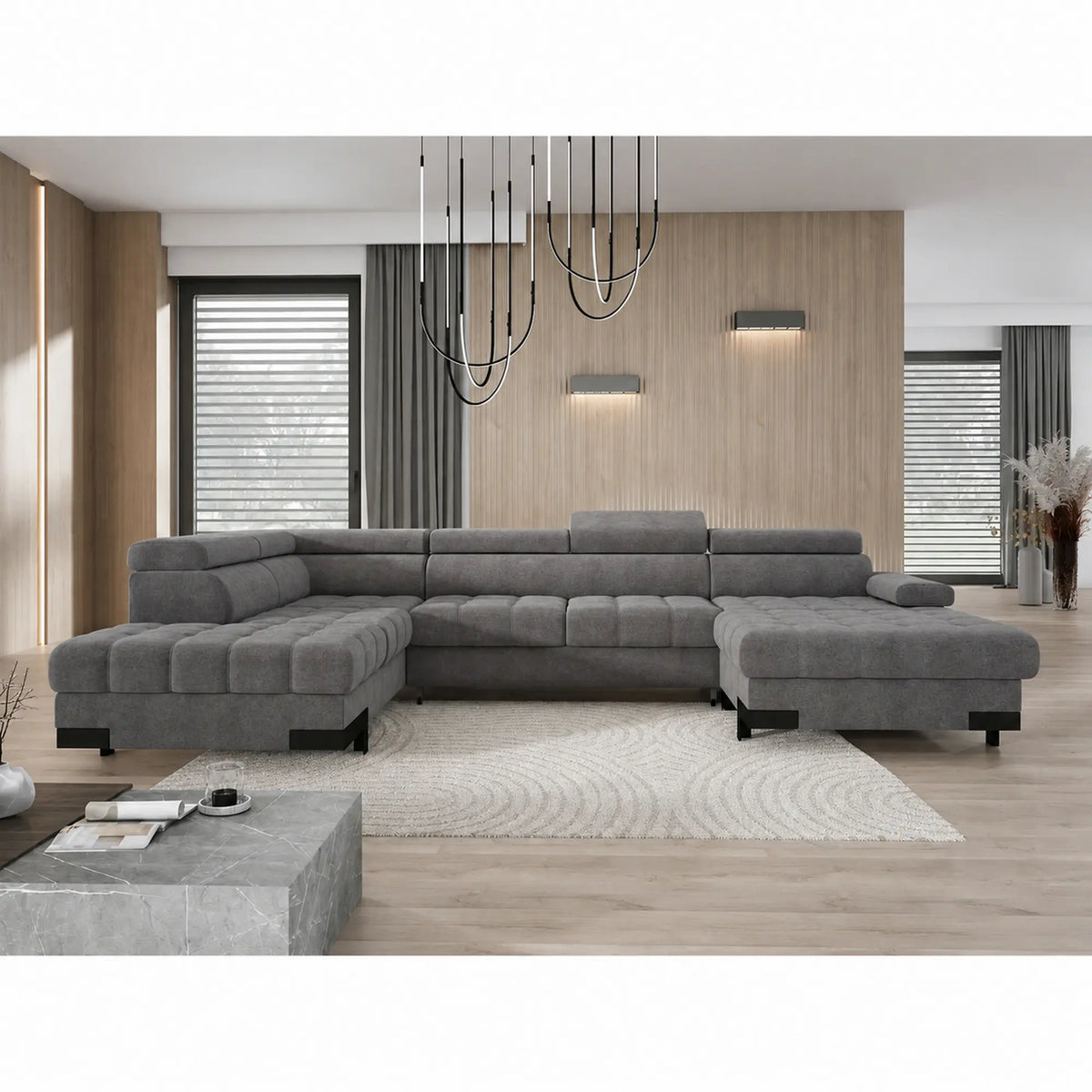 Coltar extensibil SELVA XL, sezlong stanga, stofa catifelata gri inchis - Salvador 15, cu lada depozitare si tetiere reglabile, 339x223x95 cm