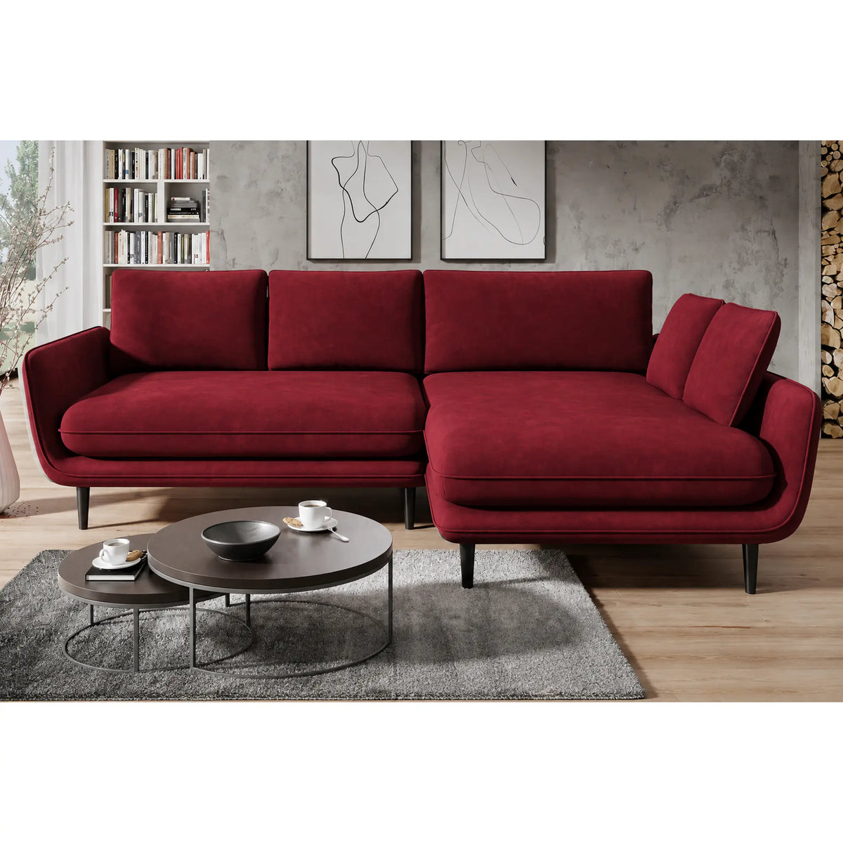 Coltar extensibil SOLANO, sezlong dreapta, stofa catifelata rosu - Riviera 61, cu lada depozitare, 260x167x83 cm