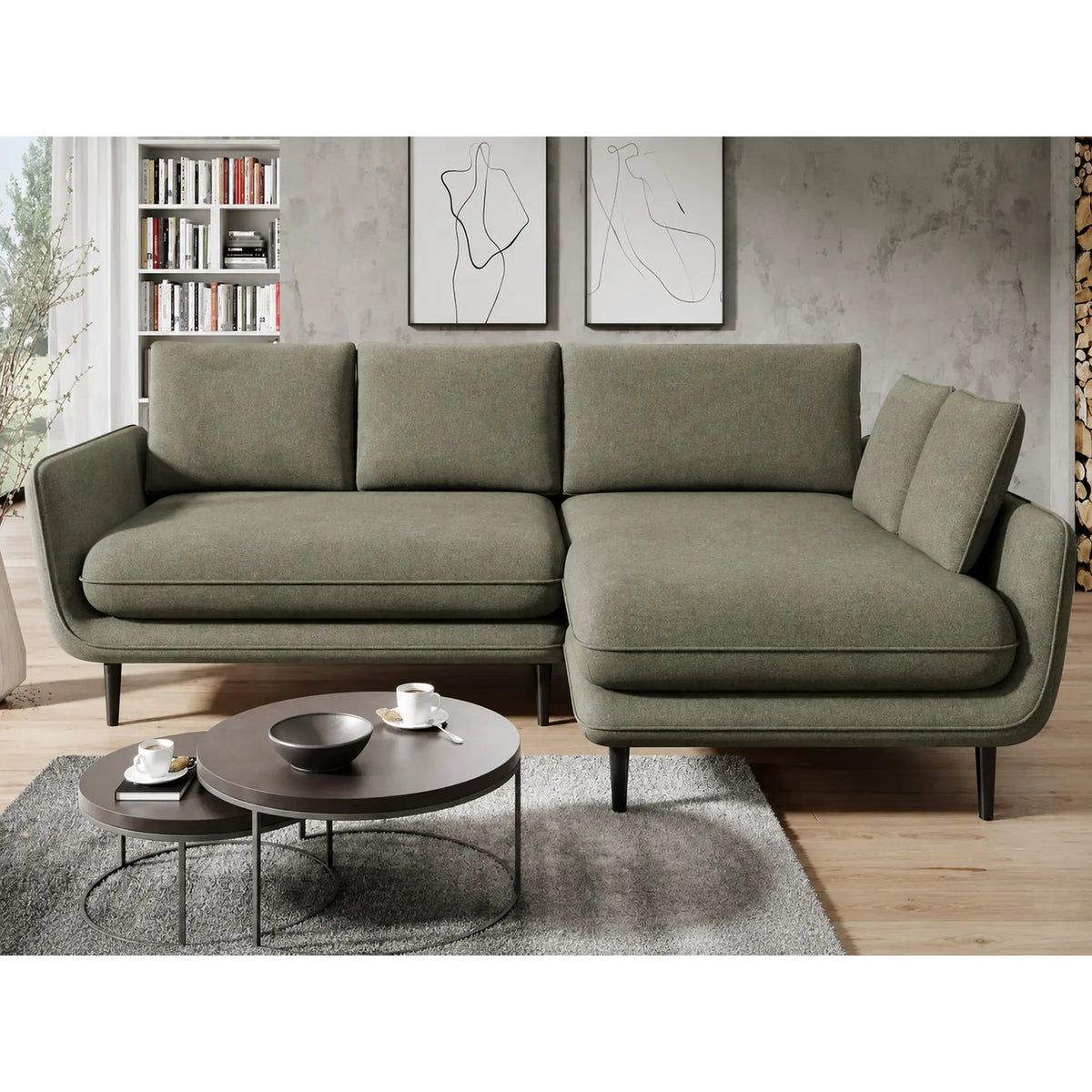 Coltar extensibil SOLANO, sezlong dreapta, stofa catifelata verde - Element 11, cu lada depozitare, 260x167x83 cm