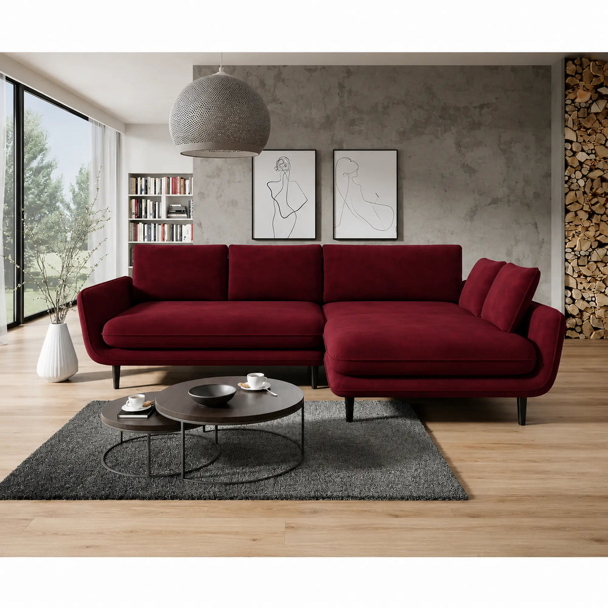 Coltar extensibil SOLANO, sezlong dreapta, stofa catifelata visiniu - Riviera 59, cu lada depozitare, 260x167x83 cm