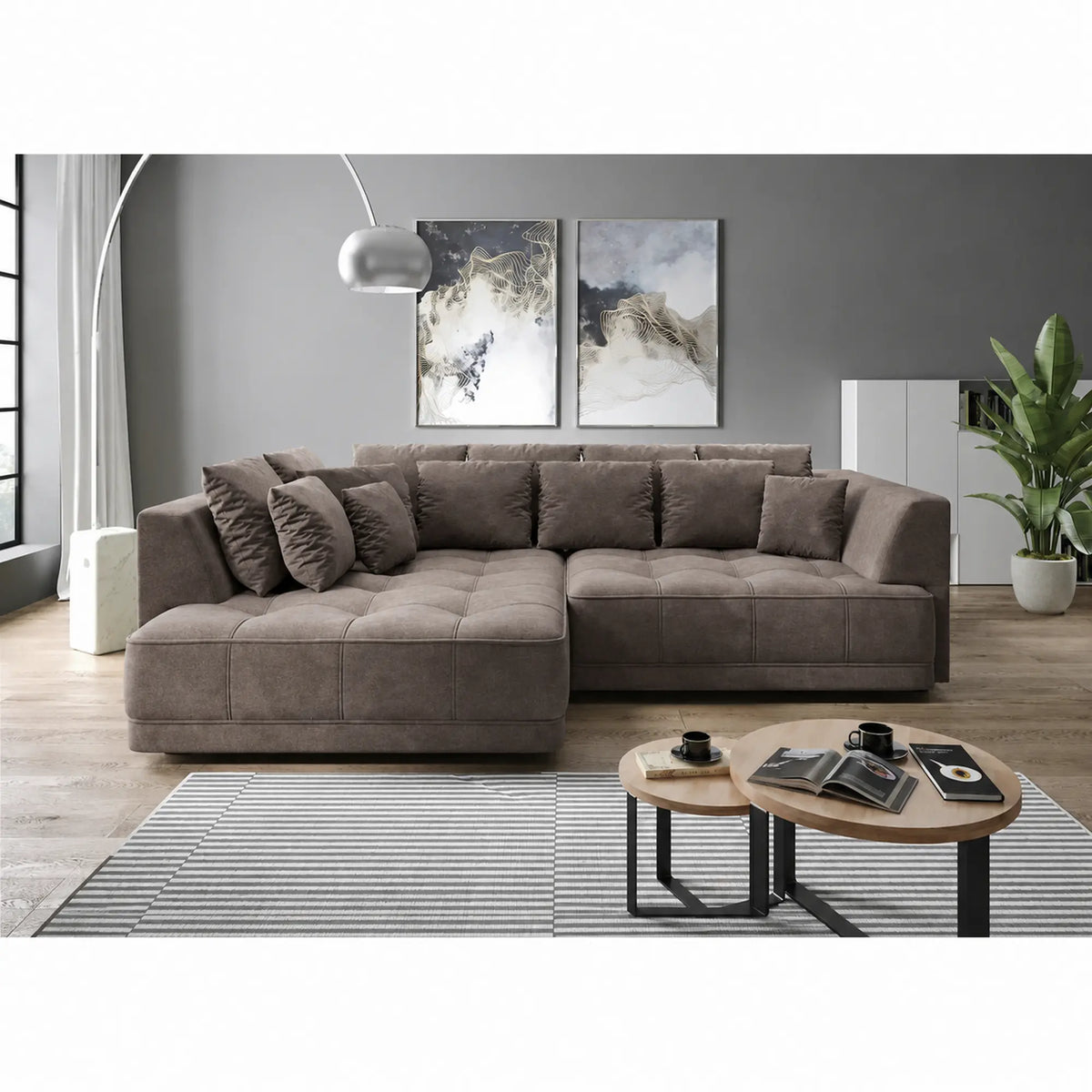 Coltar extensibil TIGA, sezlong stanga, stofa catifelata maro - Whisper 5, cu reglaj electric, 286x207x77 cm
