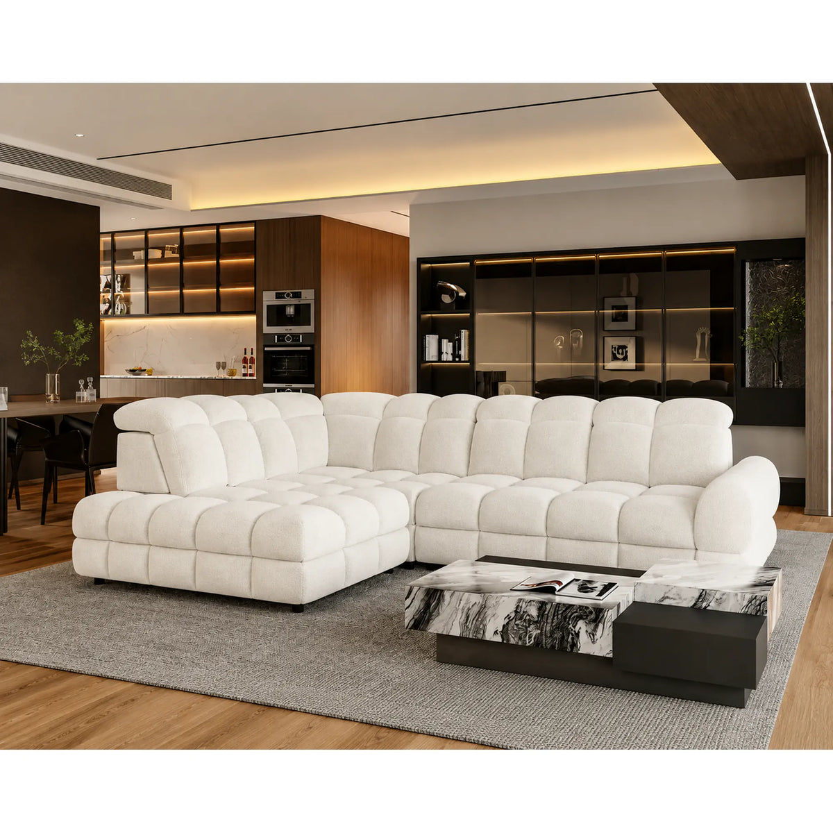 Coltar extensibil TOLLO L, sezlong stanga, stofa buclata alb - Bubble 01, cu lada depozitare si reglaj electric, 302x220x106 cm