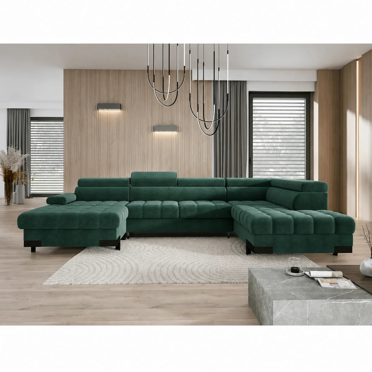 Coltar extensibil cu lada SELVA XL, sezlong dreapta, stofa catifelata verde - Riviera 38, cu tetiere reglabile, 339x223x95 cm