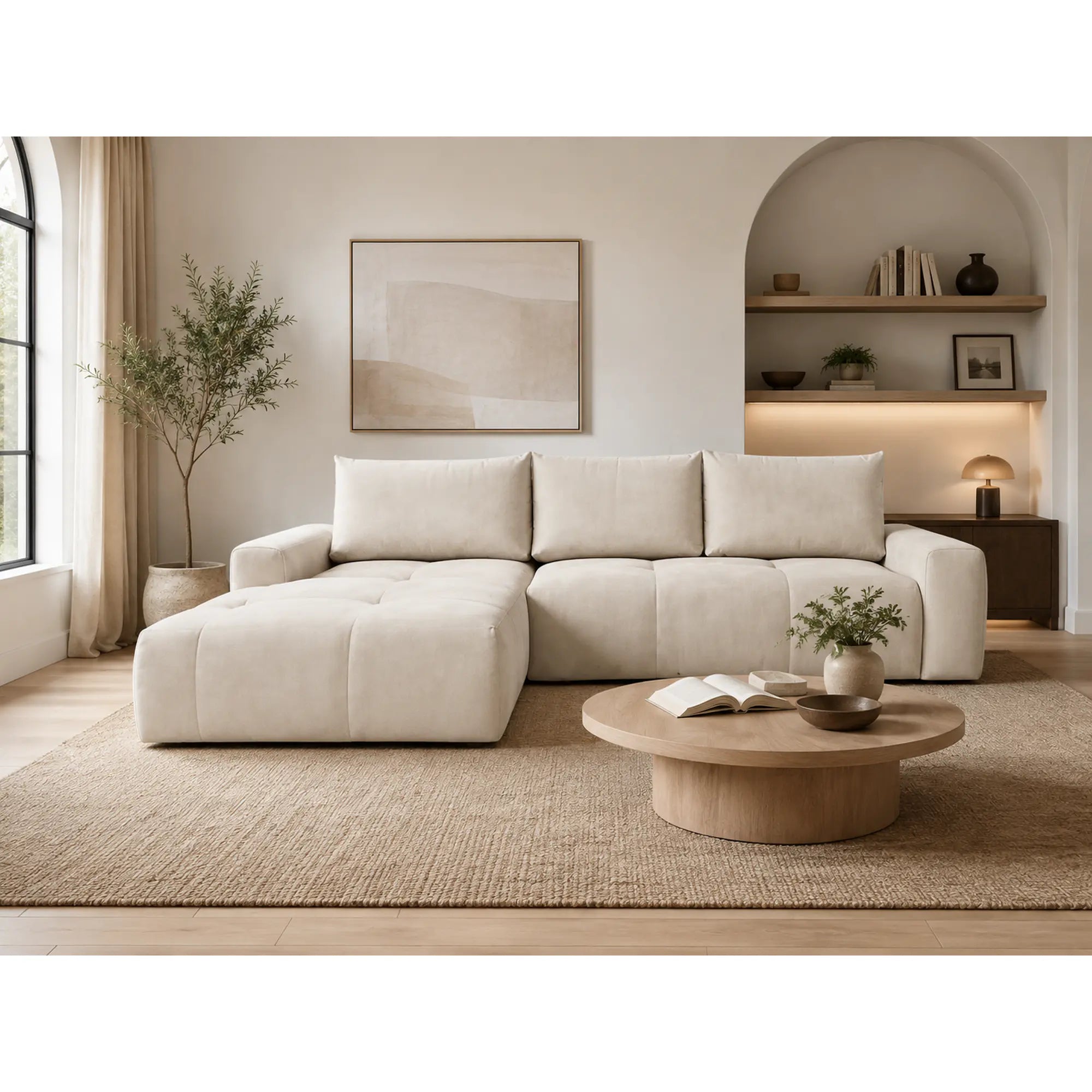 Coltar living stofa ATLANTIC, sezlong stanga, catifea bej - Element 17, cu lada depozitare, 305x214x94 cm