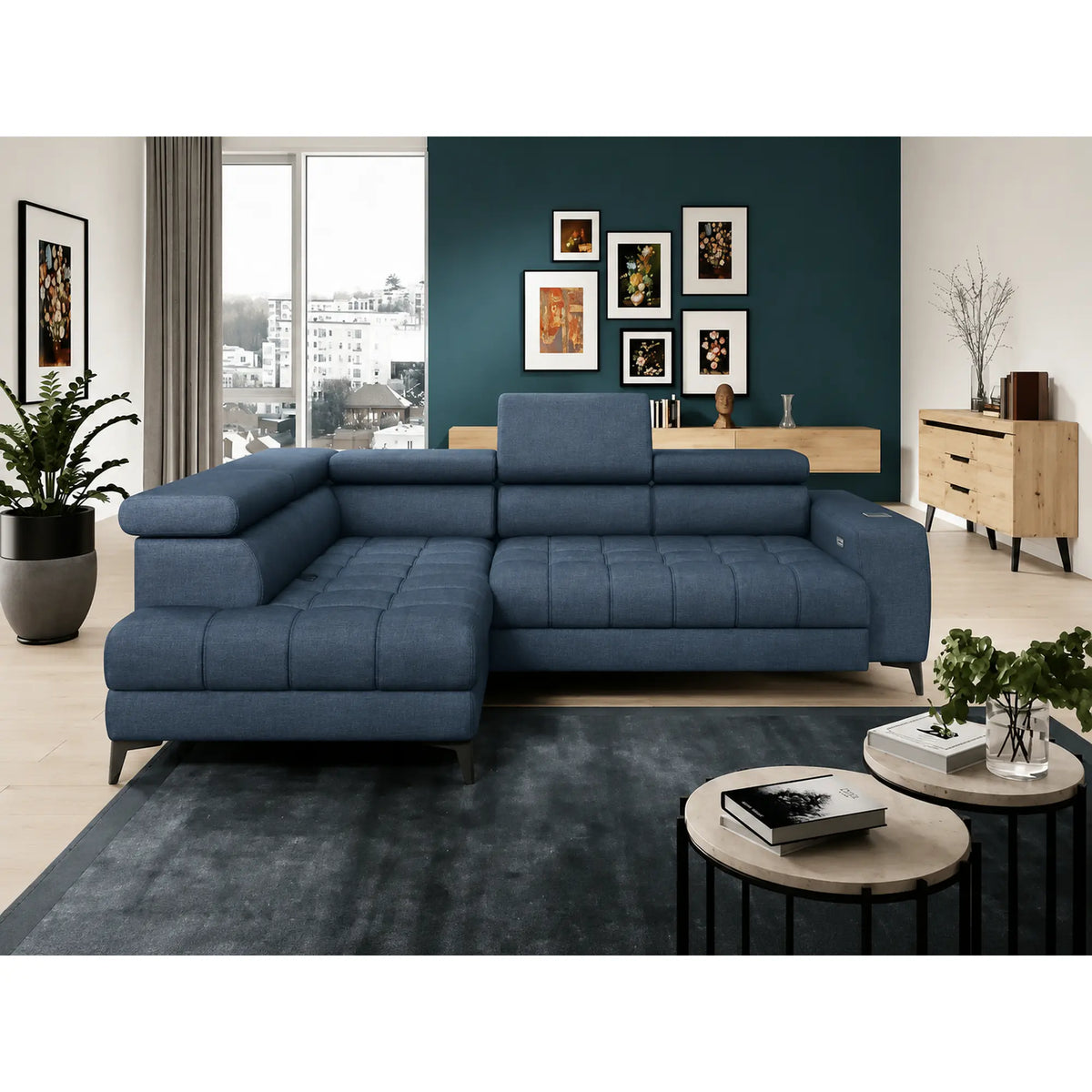 Coltar modern pentru living BAGGIO, sezlong stanga, stofa catifelata albastru - Whisper 12, cu reglaj electric, incarcator wireless, 280x196x100 cm