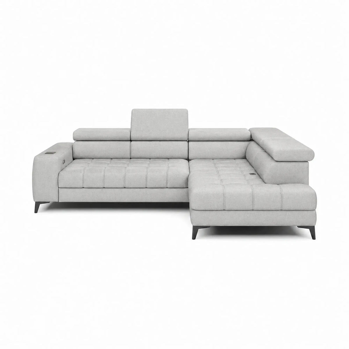 Coltar BAGGIO, sezlong dreapta, stofa catifelata crem - Solar 03, cu reglaj electric, incarcator wireless, lada depozitare si tetiere reglabile, 280x196x100 cm
