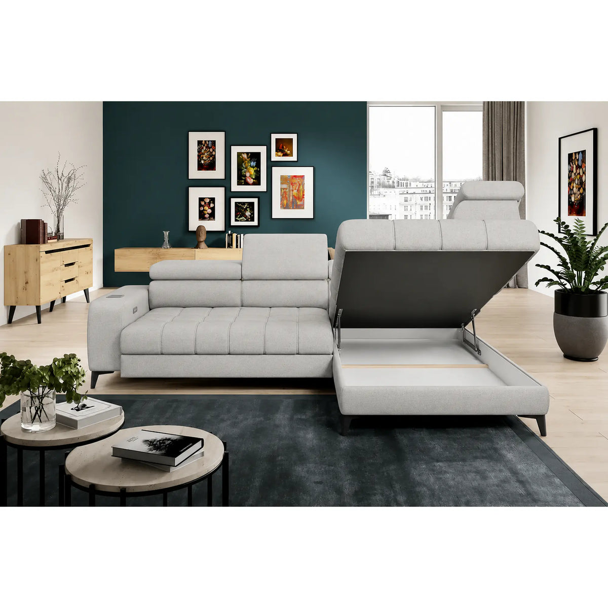 Coltar BAGGIO, sezlong dreapta, stofa catifelata crem - Solar 03, cu reglaj electric, incarcator wireless, lada depozitare si tetiere reglabile, 280x196x100 cm
