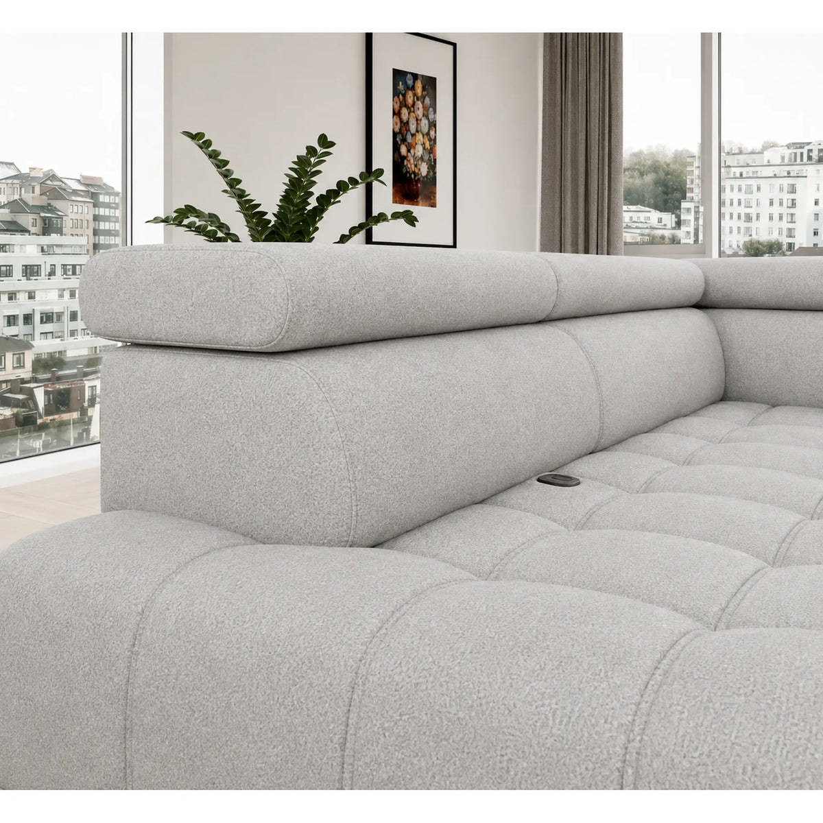 Coltar BAGGIO, sezlong dreapta, stofa catifelata crem - Solar 03, cu reglaj electric, incarcator wireless, lada depozitare si tetiere reglabile, 280x196x100 cm