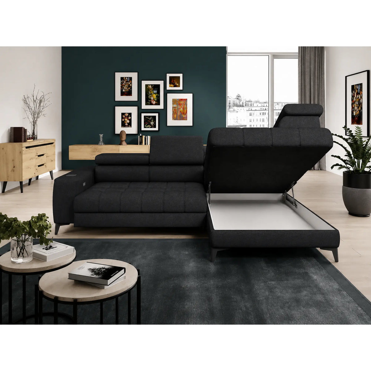 Coltar BAGGIO, sezlong dreapta, stofa catifelata gri grafit - Palladium 19, cu reglaj electric, incarcator wireless, lada depozitare si tetiere reglabile, 280x196x100 cm