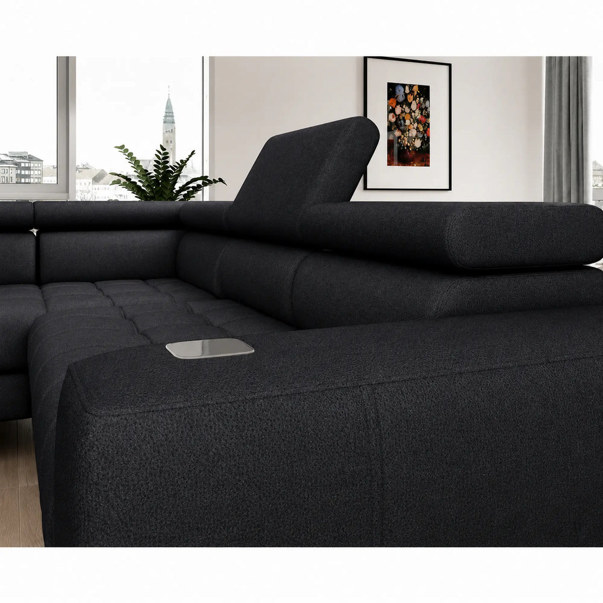 Coltar BAGGIO, sezlong dreapta, stofa catifelata gri grafit - Palladium 19, cu reglaj electric, incarcator wireless, lada depozitare si tetiere reglabile, 280x196x100 cm