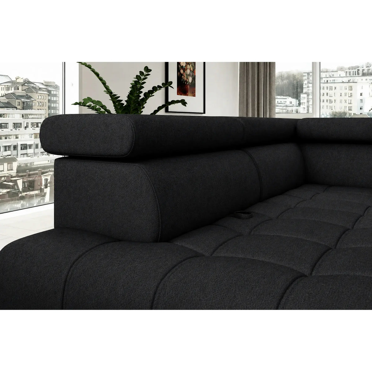 Coltar BAGGIO, sezlong dreapta, stofa catifelata gri grafit - Palladium 19, cu reglaj electric, incarcator wireless, lada depozitare si tetiere reglabile, 280x196x100 cm