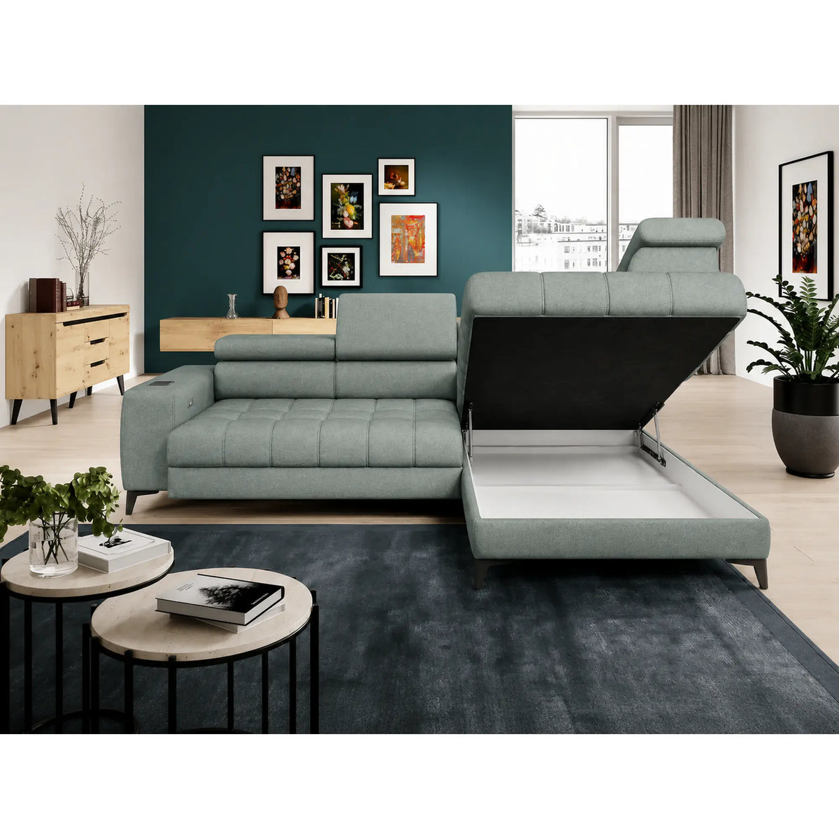 Coltar BAGGIO, sezlong dreapta, stofa catifelata verde menta - Salvador 12, cu reglaj electric, incarcator wireless, lada depozitare si tetiere reglabile, 280x196x100 cm
