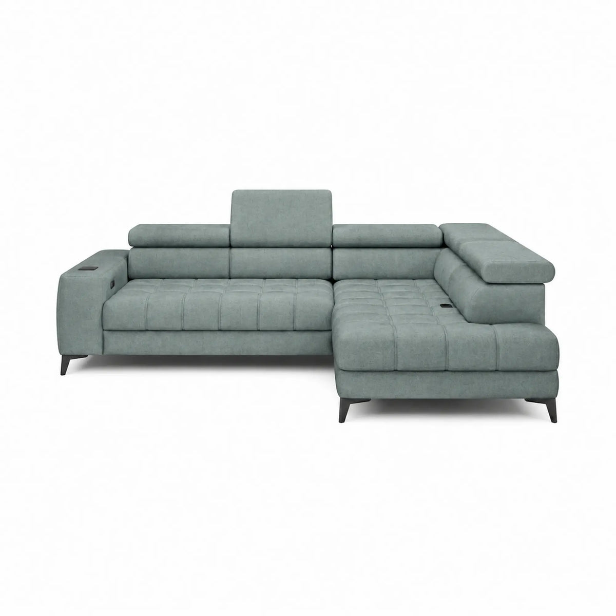 Coltar BAGGIO, sezlong dreapta, stofa catifelata verde menta - Salvador 12, cu reglaj electric, incarcator wireless, lada depozitare si tetiere reglabile, 280x196x100 cm