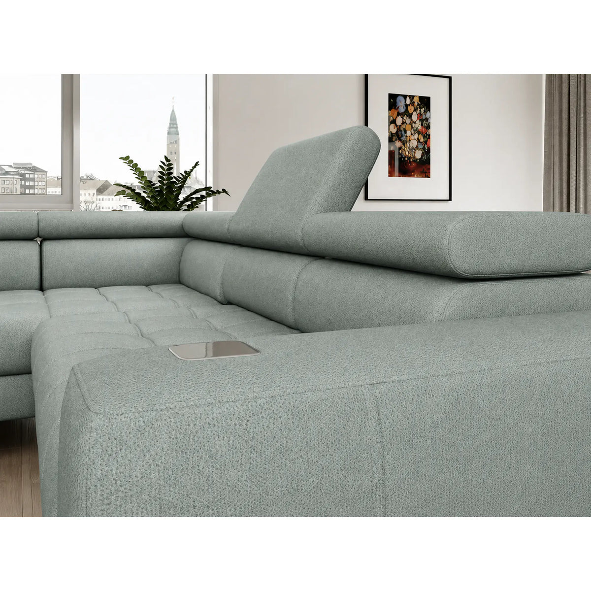 Coltar BAGGIO, sezlong dreapta, stofa catifelata verde menta - Salvador 12, cu reglaj electric, incarcator wireless, lada depozitare si tetiere reglabile, 280x196x100 cm