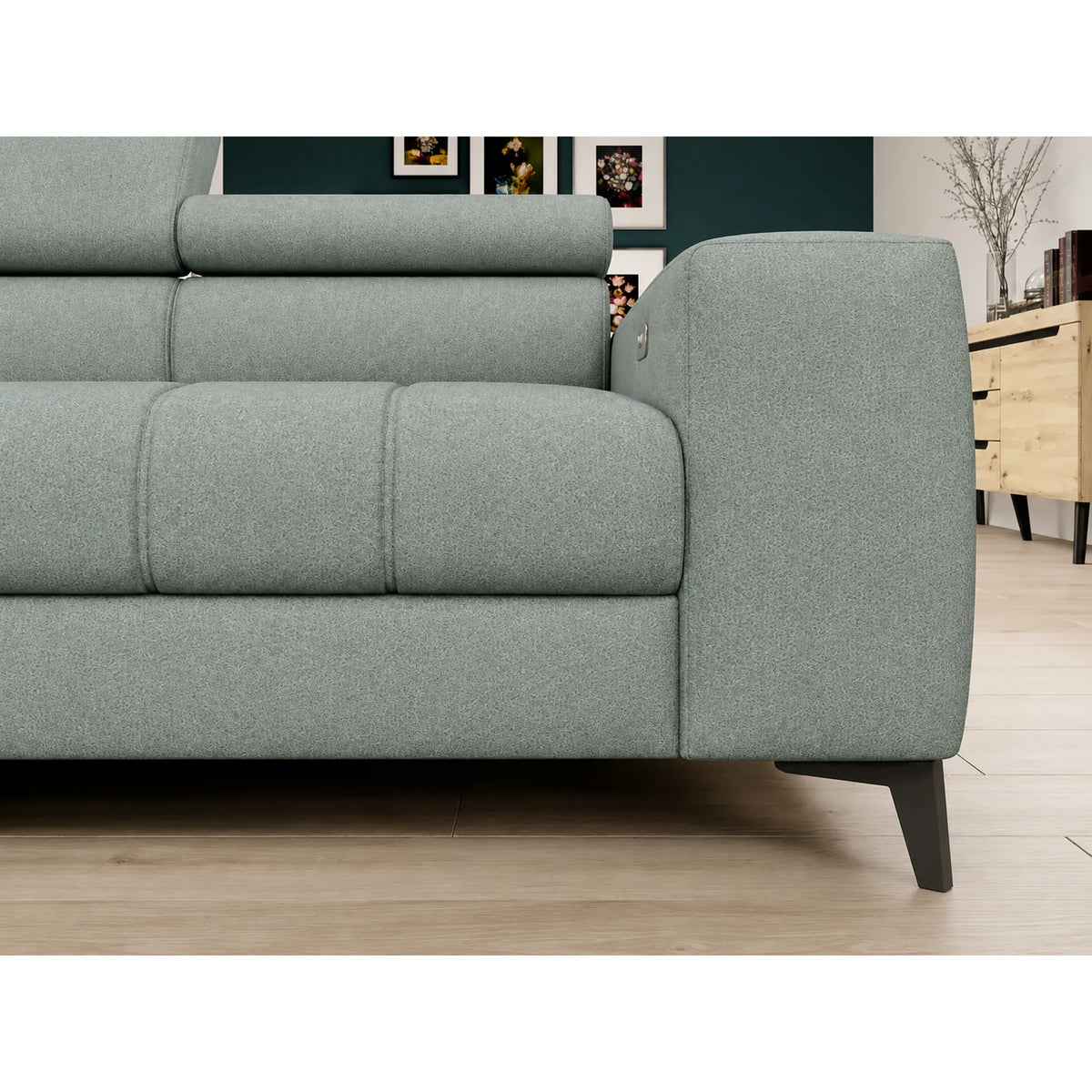 Coltar BAGGIO, sezlong dreapta, stofa catifelata verde menta - Salvador 12, cu reglaj electric, incarcator wireless, lada depozitare si tetiere reglabile, 280x196x100 cm