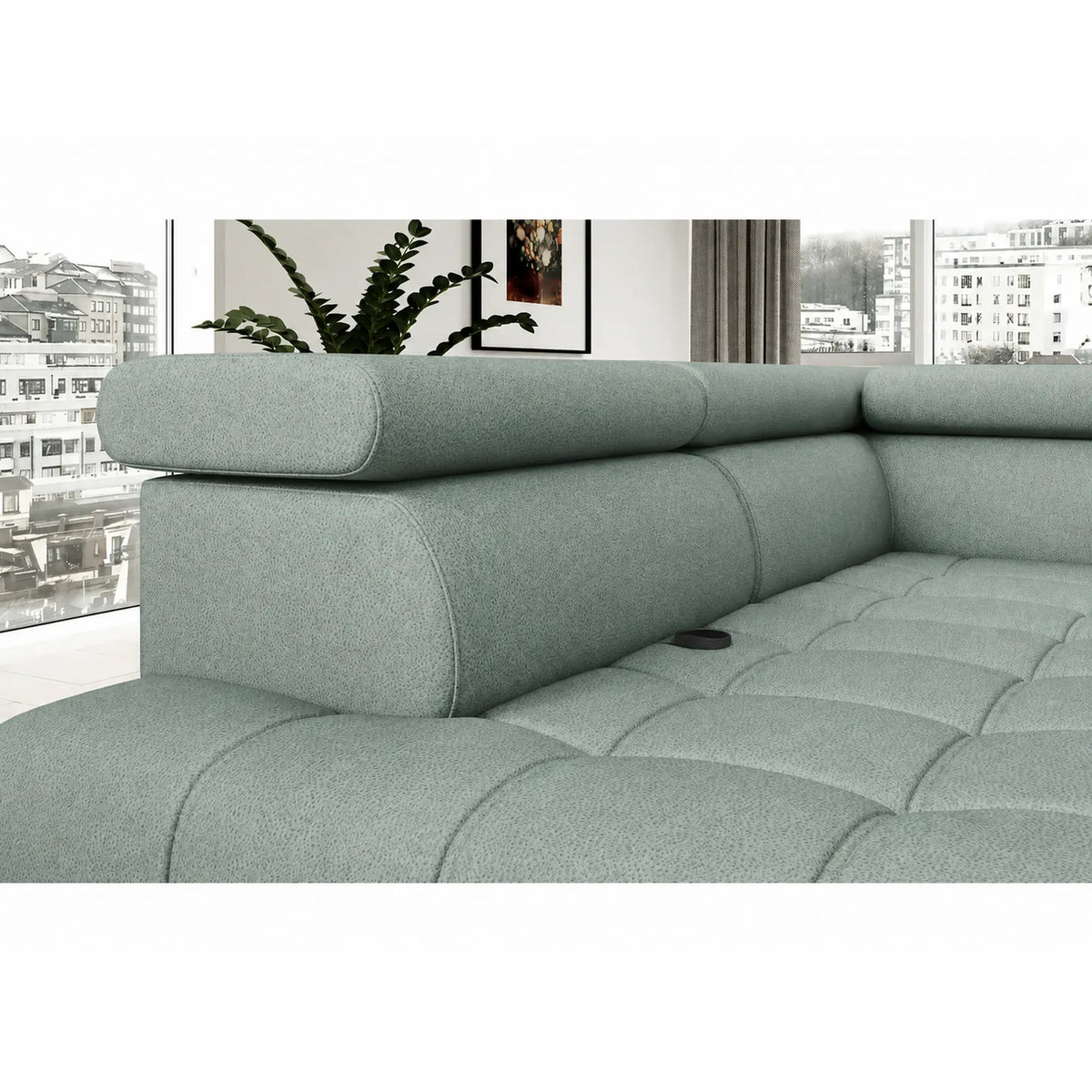 Coltar BAGGIO, sezlong dreapta, stofa catifelata verde menta - Salvador 12, cu reglaj electric, incarcator wireless, lada depozitare si tetiere reglabile, 280x196x100 cm