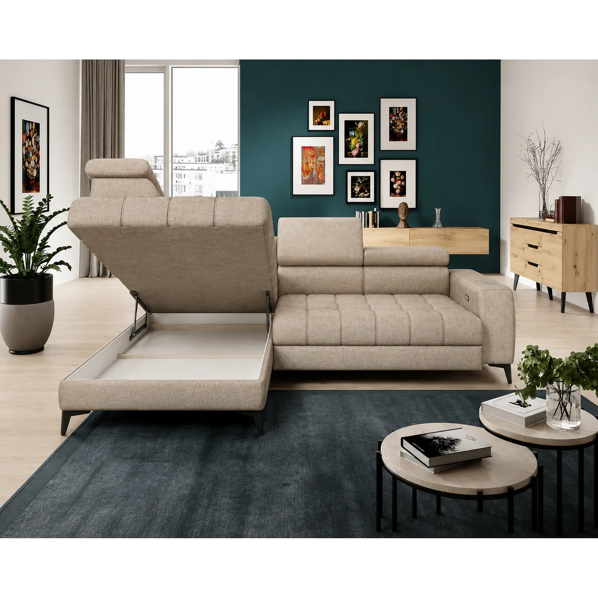 Coltar BAGGIO, sezlong stanga, stofa catifelata bej - Whisper 3, cu reglaj electric, incarcator wireless, lada depozitare si tetiere reglabile, 280x196x100 cm
