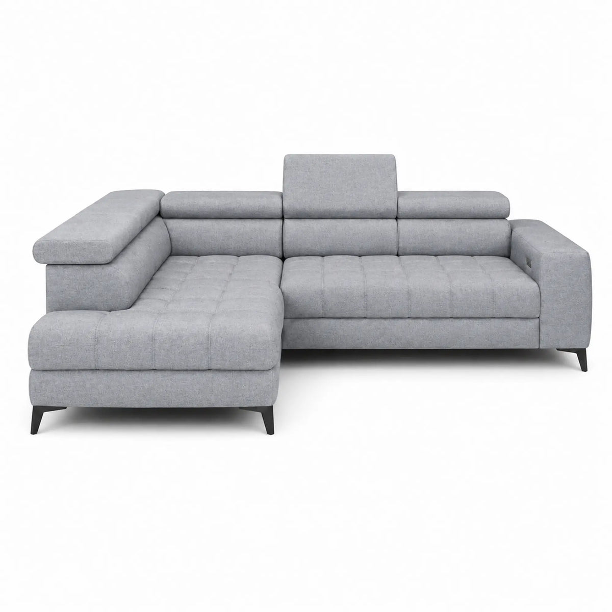 Coltar BAGGIO, sezlong stanga, stofa catifelata gri - Monolith 85, cu reglaj electric, incarcator wireless, lada depozitare si tetiere reglabile, 280x196x100 cm