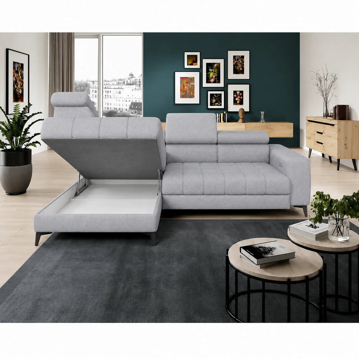 Coltar BAGGIO, sezlong stanga, stofa catifelata gri - Monolith 85, cu reglaj electric, incarcator wireless, lada depozitare si tetiere reglabile, 280x196x100 cm