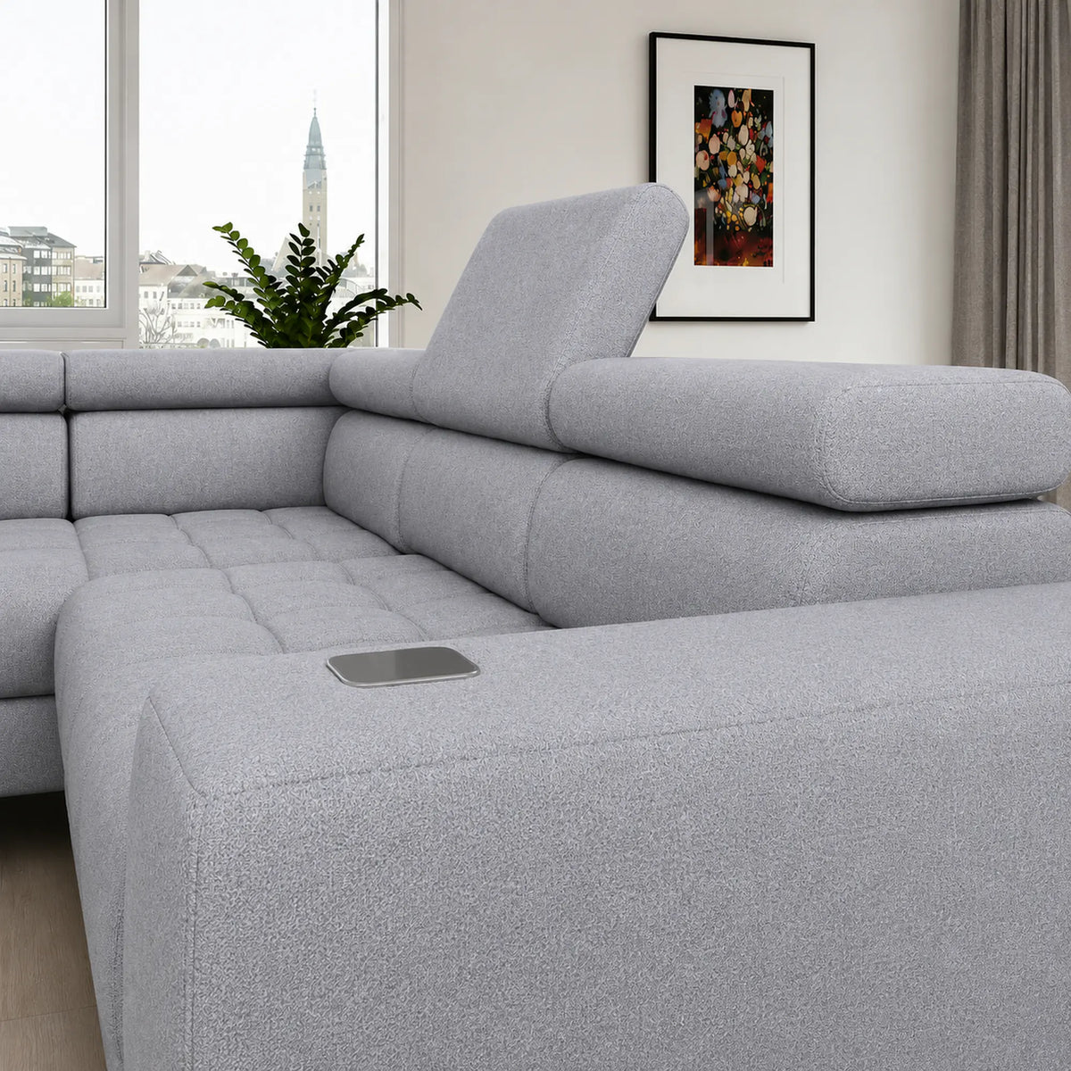 Coltar BAGGIO, sezlong stanga, stofa catifelata gri - Monolith 85, cu reglaj electric, incarcator wireless, lada depozitare si tetiere reglabile, 280x196x100 cm