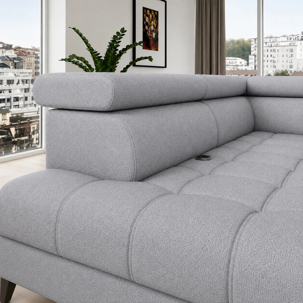 Coltar BAGGIO, sezlong stanga, stofa catifelata gri - Monolith 85, cu reglaj electric, incarcator wireless, lada depozitare si tetiere reglabile, 280x196x100 cm