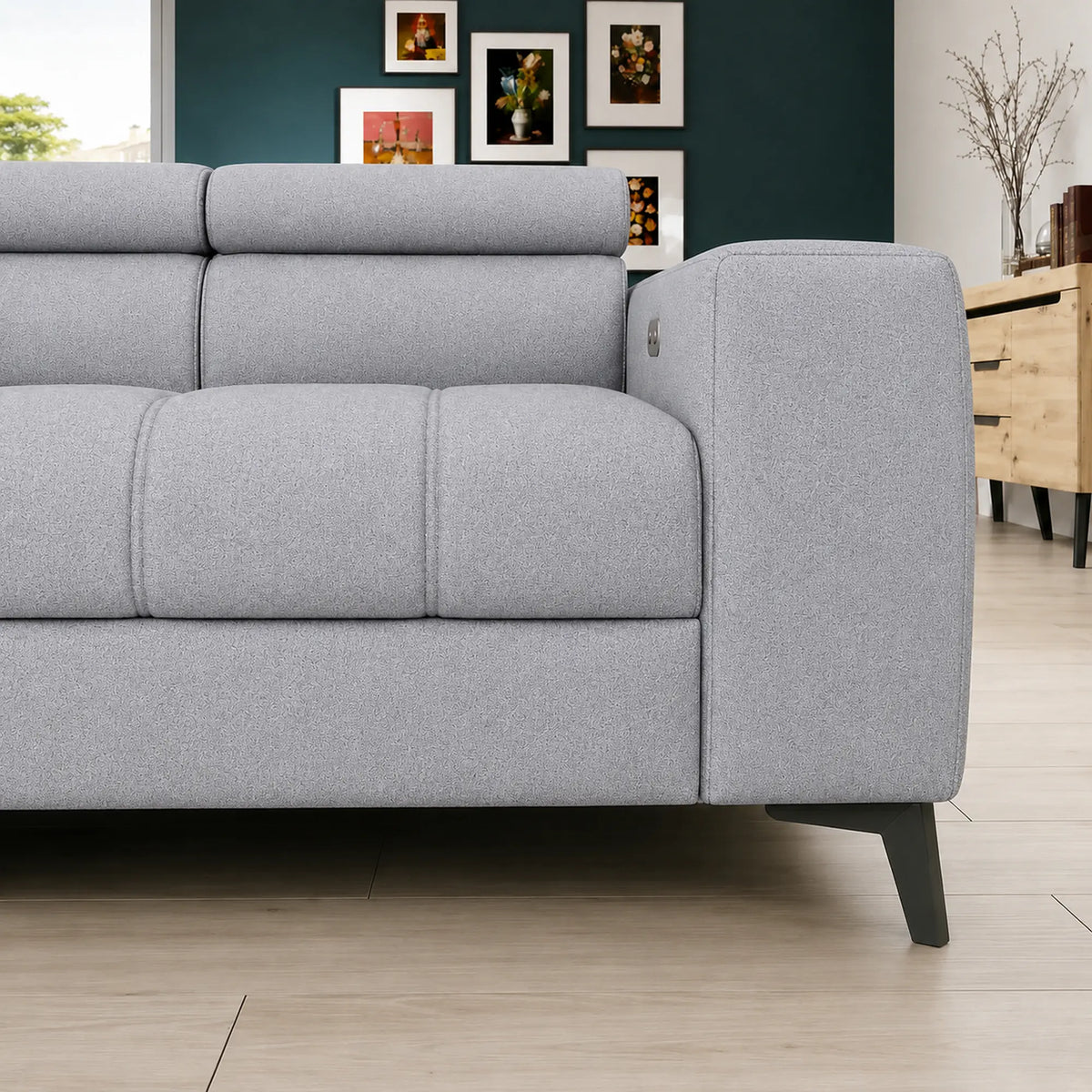 Coltar BAGGIO, sezlong stanga, stofa catifelata gri - Monolith 85, cu reglaj electric, incarcator wireless, lada depozitare si tetiere reglabile, 280x196x100 cm