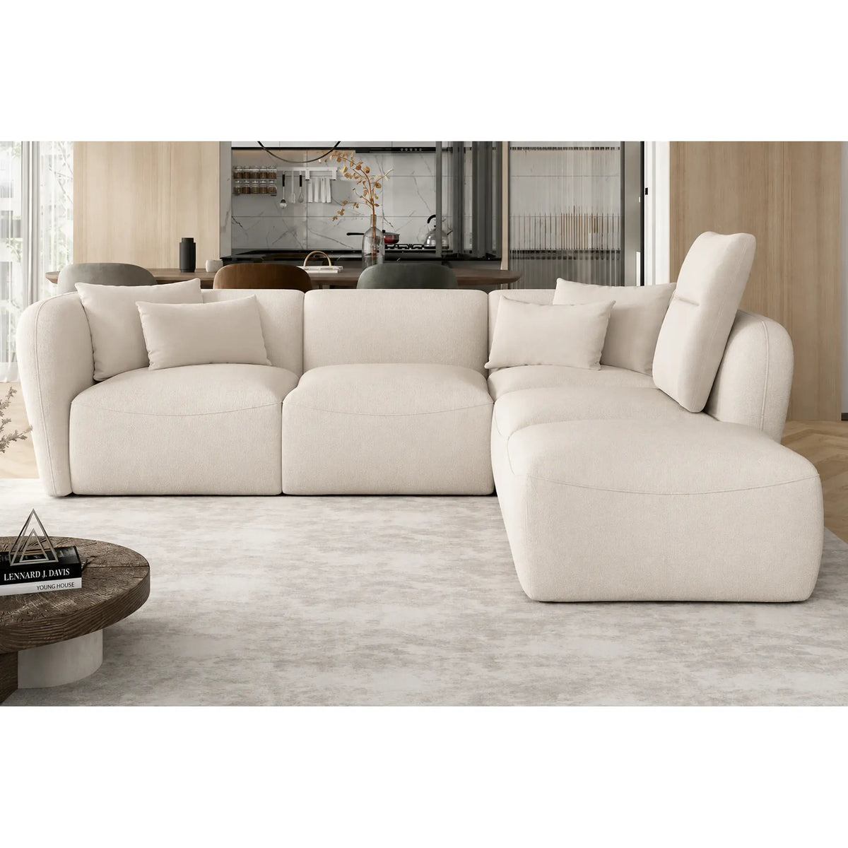 Coltar CANDELO L A, sezlong dreapta, stofa catifelata crem - Salvador 1, 280x218x75 cm